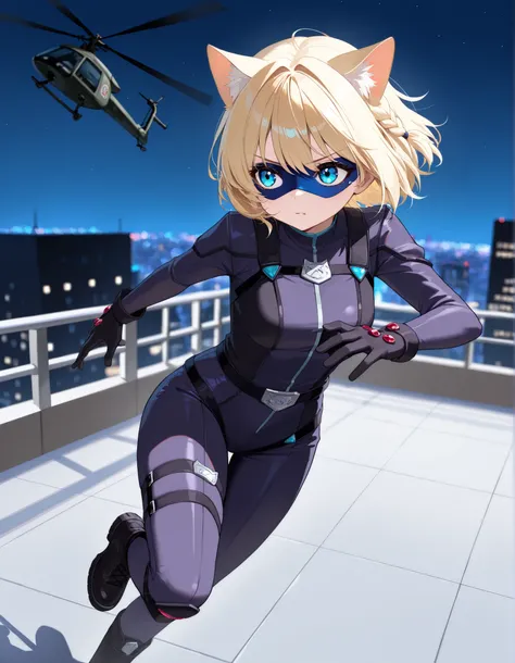 masterpiece, best quality, high resolution, intricate details, detailed background, professional, 8k, solo, solo focus, 1girl, young adult female, blonde hair, short hair, braid, aquamarine eyes, cat ears, animal ears, cat girl, cat burger, dark purple cat...