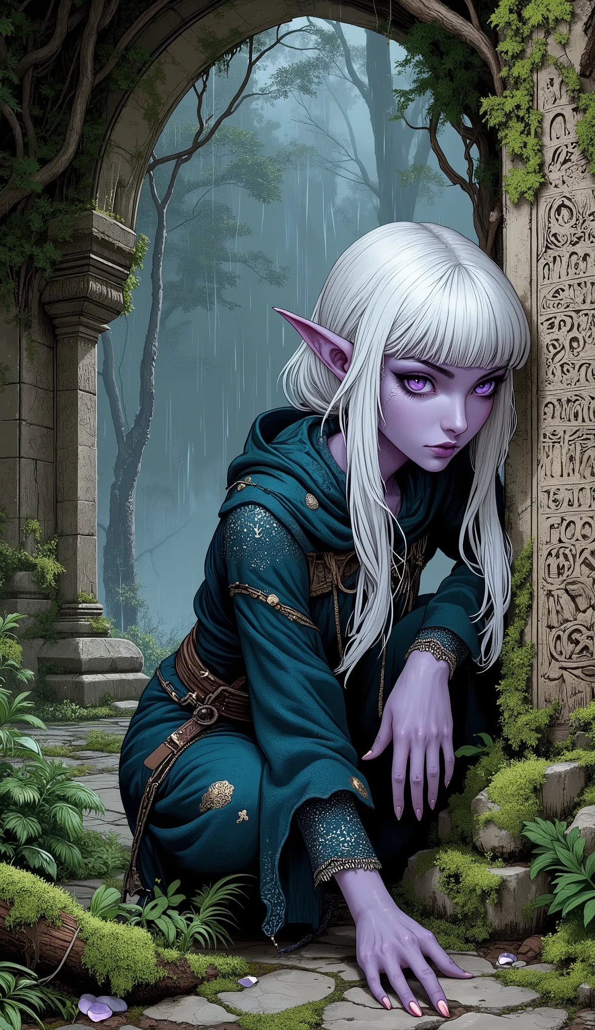 (A lithe and graceful Drow woman, her slender limbs and delicate fingers highlighted against her dark purple skin. She has striking white hair with neat bangs, soft white eyebrows, and captivating lavender almond-shaped eyes with thick, sharp eyeliner and ...