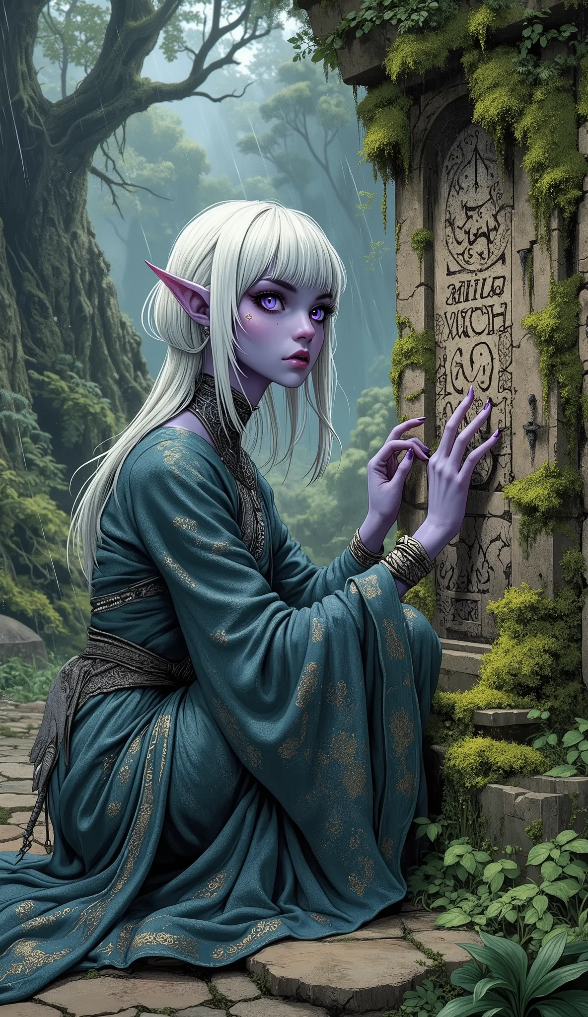 (A lithe and graceful Drow woman, her slender limbs and delicate fingers highlighted against her dark purple skin. She has striking white hair with neat bangs, soft white eyebrows, and captivating lavender almond-shaped eyes with thick, sharp eyeliner and ...
