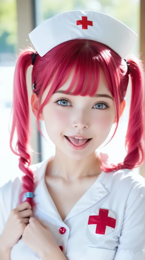 beautician 、 nurse uniform、 replace 、masterpiece、 single girl、2、 white skin、 No expression、 raising the corners of her mouth、 pink hair 。 twin tails、 hair clip、大きな hair clip、Cute hair clips、grey eyes、Little Red Cheeks and Nose、Good bust size 、 small ...