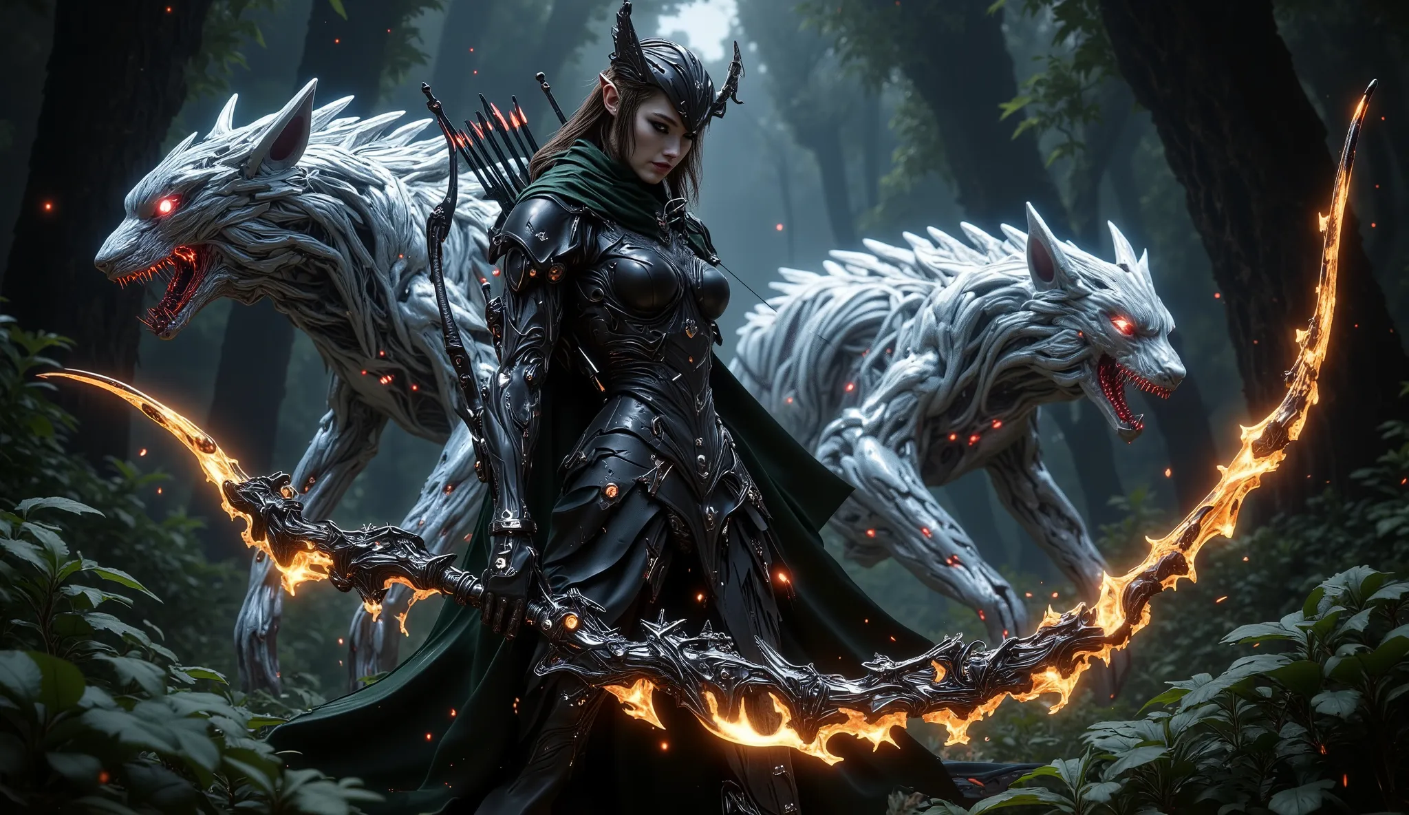 imagem realista, alta qualidade, Huntress girl, rosto detalhado, wearing a metallic flame bow, with leather armor with metallic details, Riding a ghost tiger and a bear next door as a pet in a forest full of dark creatures, Ultra-detailed The Huntress 16:9...