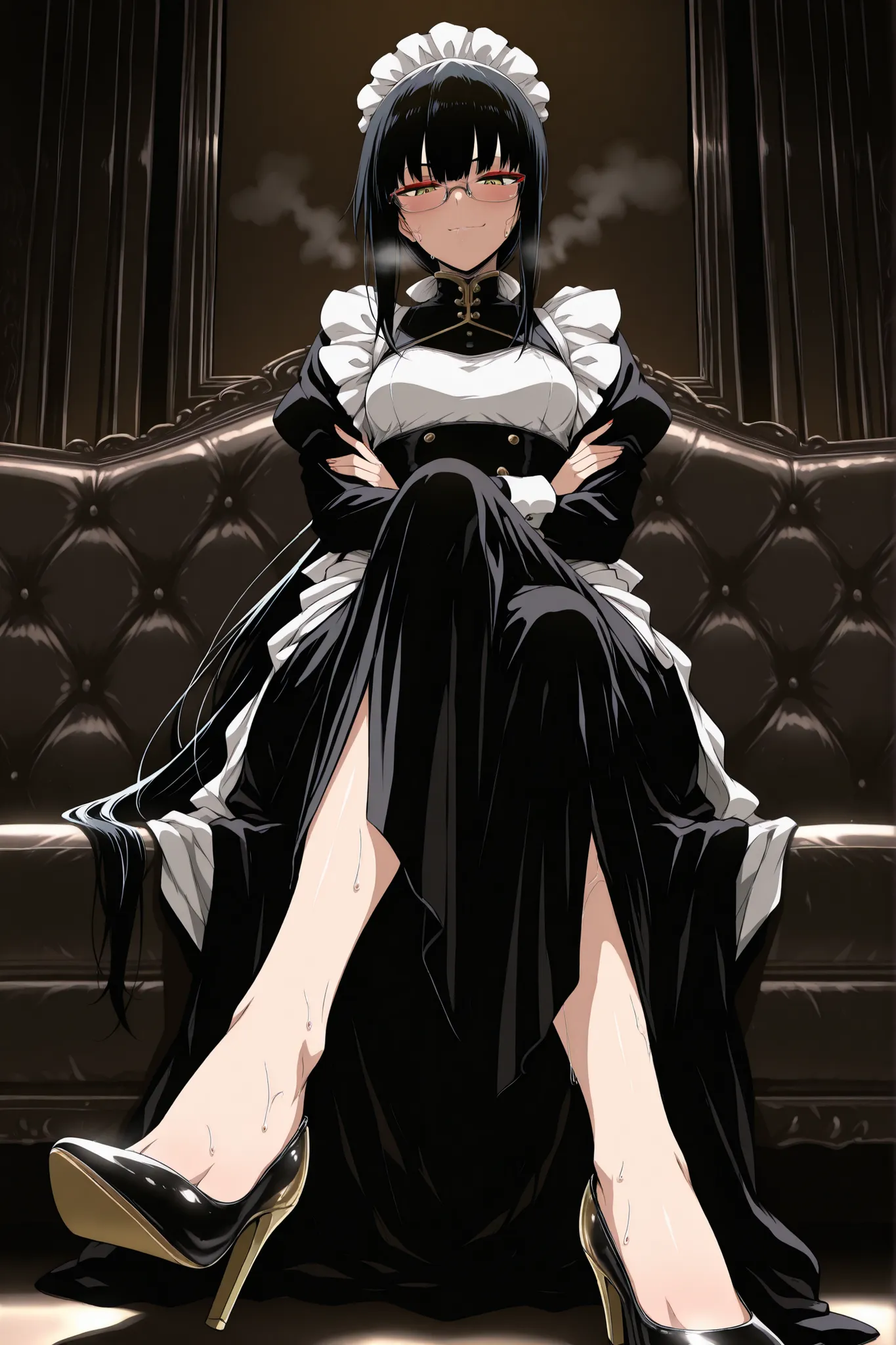 masterpiece, best quality, amazing quality, very aesthetic, foreshortening, 1 girl, maid, have black hair, long bangs, low ponytail, extremely long ponytail, black and gold pumps, crossing legs, fingers crossed, small breast, narrowed eyes, yellow eyes, re...
