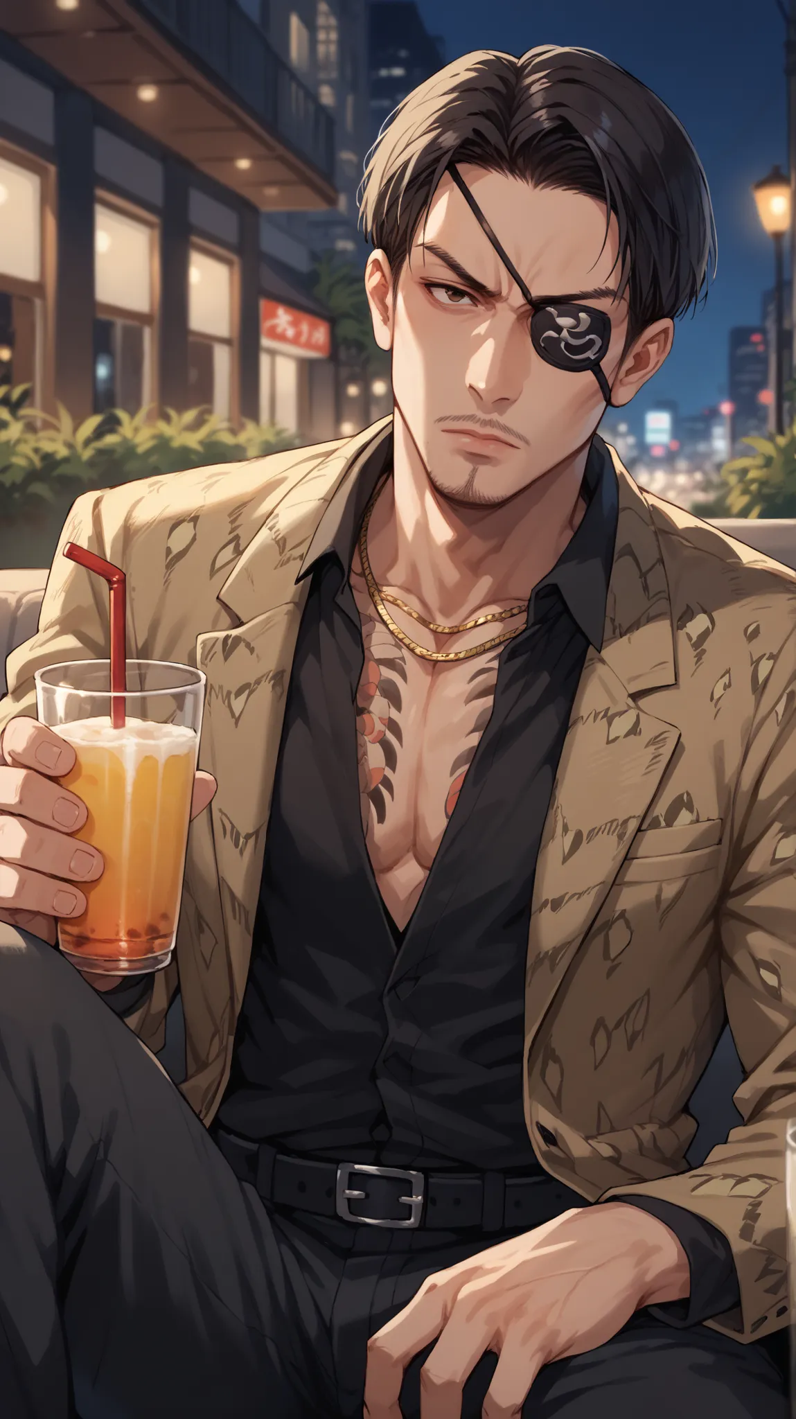 1 man, mature man, close up, man in a terrace, chill out terrace, night, views of the city, shinjuku, golden decorations, golden pillars, plants, (((outdoor))), close up, majimaDEF, eyepatch, tattoo, necklace, jacket, animal print, open clothes, black glov...