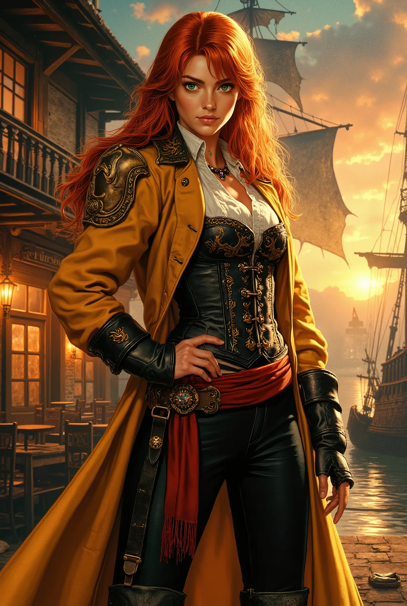 Epic character portrait, masterpiece, 8K resolution, hyper-detailed, sharp focus, cinematic fantasy concept art.
A breathtakingly beautiful, statuesque female pirate captain stands in a powerful and charismatic pose, hands on her hips, gazing with authorit...