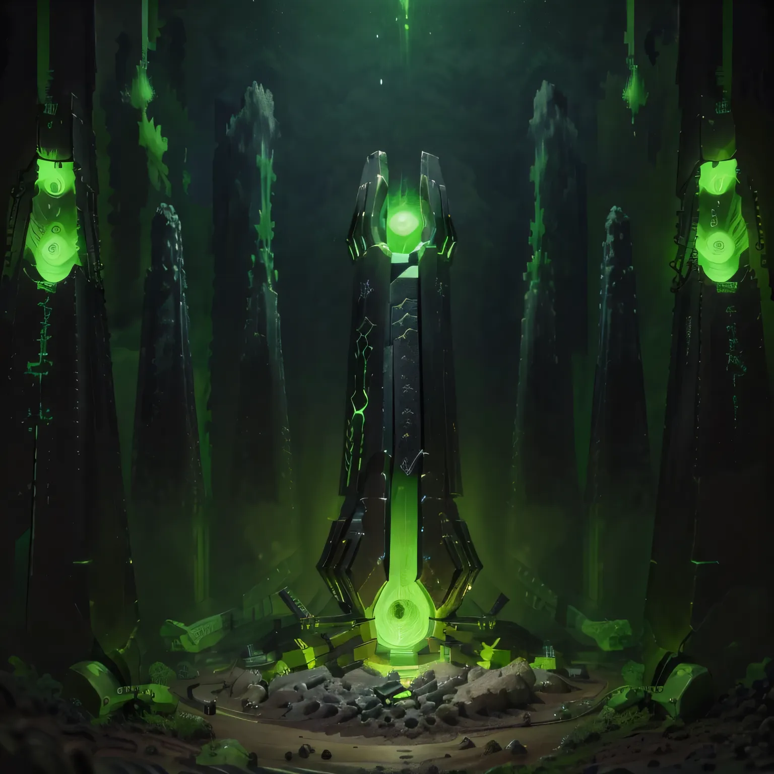 ((masterpiece,better quality)),

Necron_ architecture,  (bolted, cylinder,:1.3),
electricity, green glow, science fiction, landscape, science fiction, space, still life,
cave,  green crystals, jewel ,
simple background,  black background, green theme,
spac...