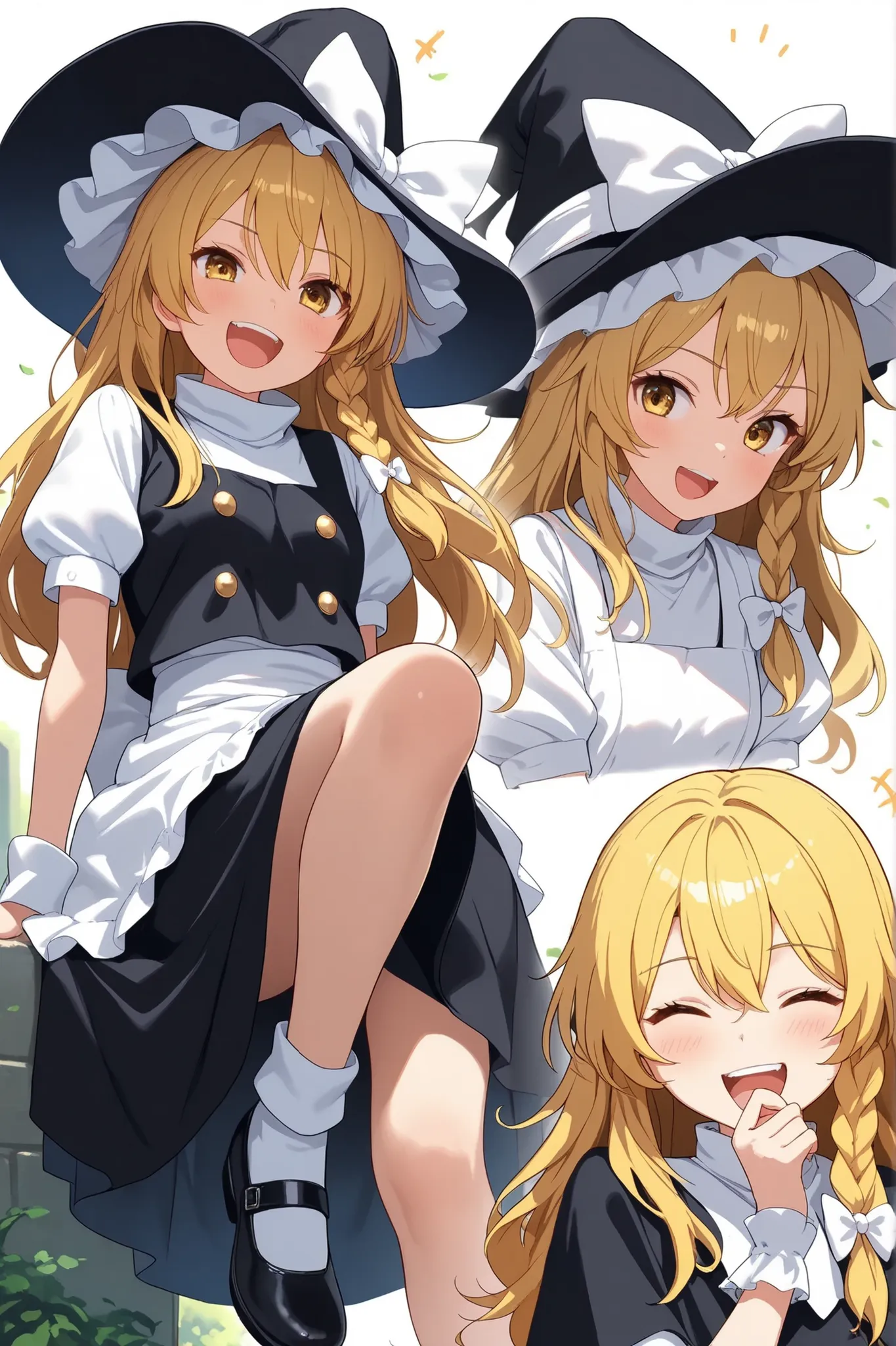 (Quality, 4k, A High Resolution, Masterpiece), Marisa Kirisame, blonde hair, laughing, long hair, side braid, golden eyes, black witch dress, white collar, white cuffs, white apron-like front, black pointy witch hat, white ribbon on hat, black Mary Janes
