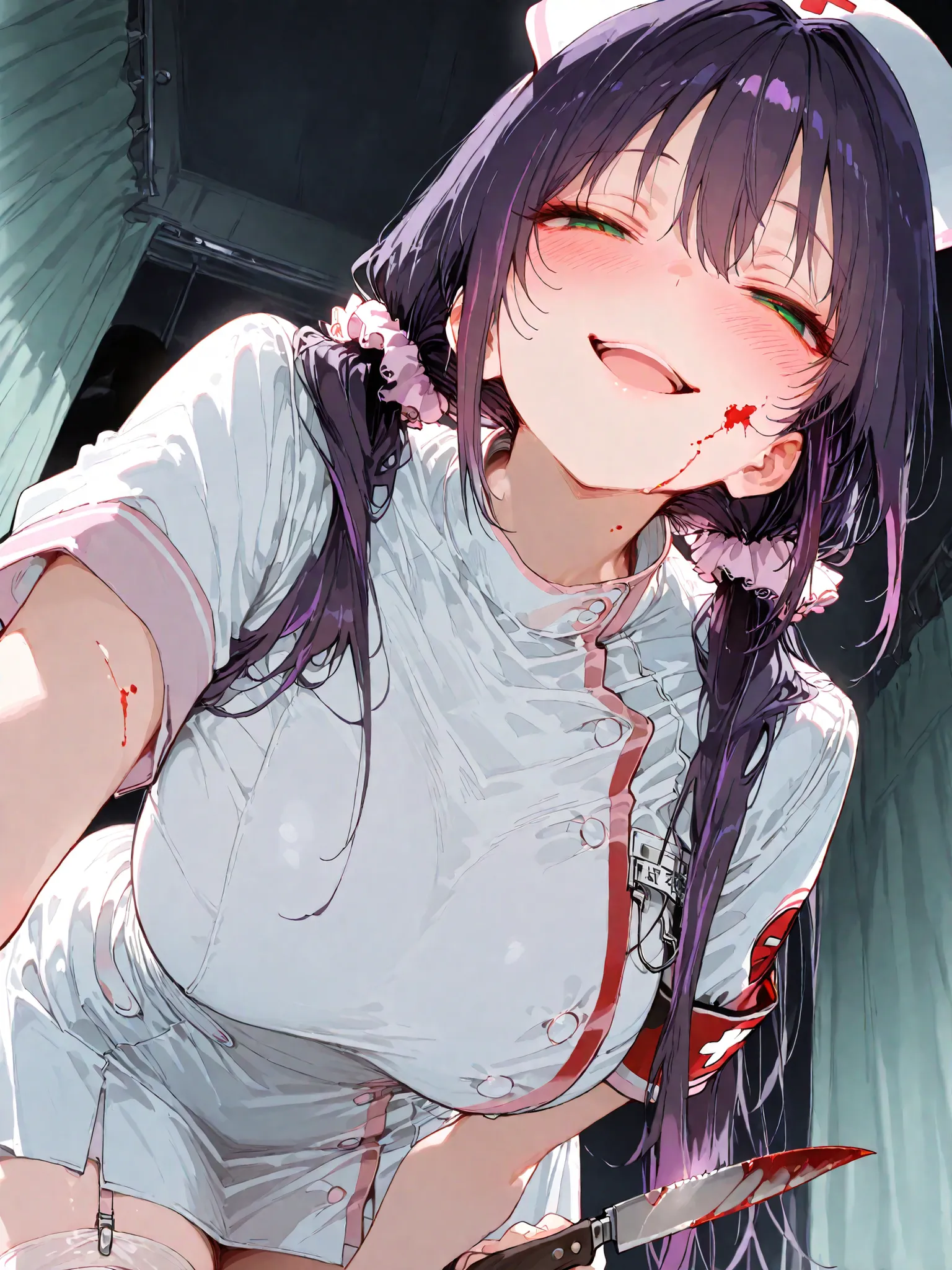 masterpiece, best quality, good quality, newest, highres, absurdres, 1girl, solo, looking at viewer, highlights in hair, details hair,
nozomi toujou, green eyes, purple hair, twintails, low twintails, scrunchie, long hair,(large breasts,),
white nurse uni...