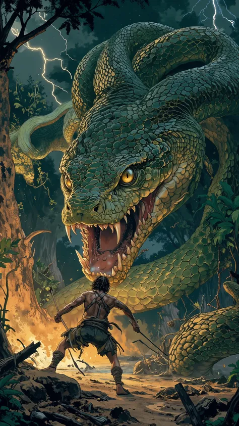top quality, Ultra Fine, Dynamic Action, Giant anaconda, Strong Body with Scales, Ferocious Golden Snake Eye, Mortal Battle, shortage々 Scary Battle Scenes , Rainforest Jungle, tense atmosphere, Handmade Spears, Instant Trap, Powerful Composition, Swelling ...