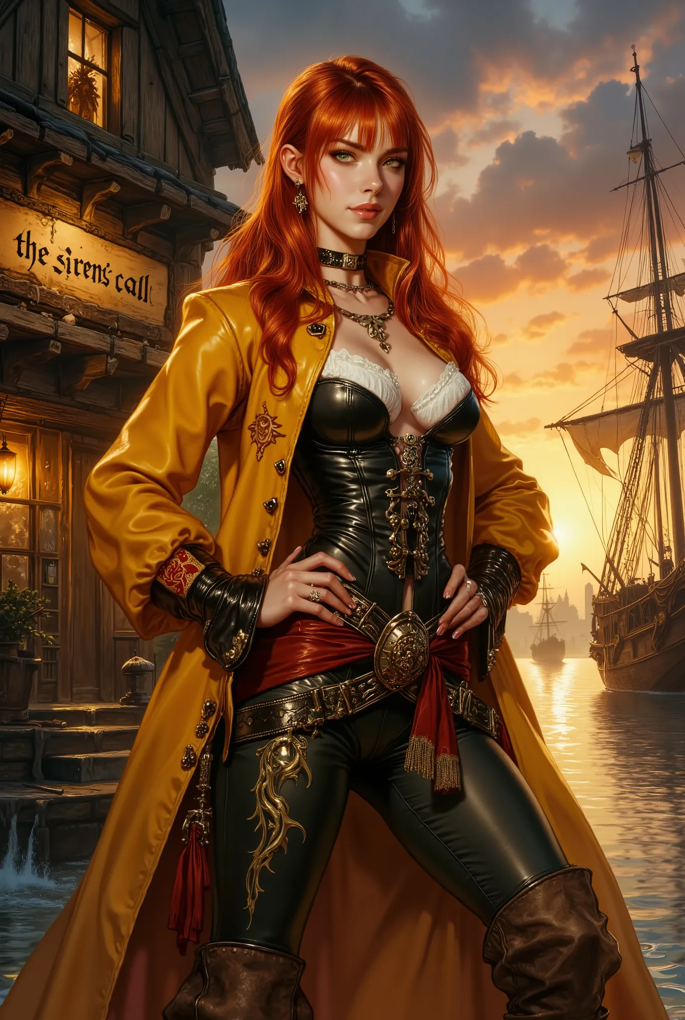 Epic character portrait, masterpiece, 8K resolution, hyper-detailed, sharp focus, cinematic fantasy concept art.
A breathtakingly beautiful, statuesque female pirate captain stands in a powerful and charismatic pose, hands on her hips, gazing with authorit...