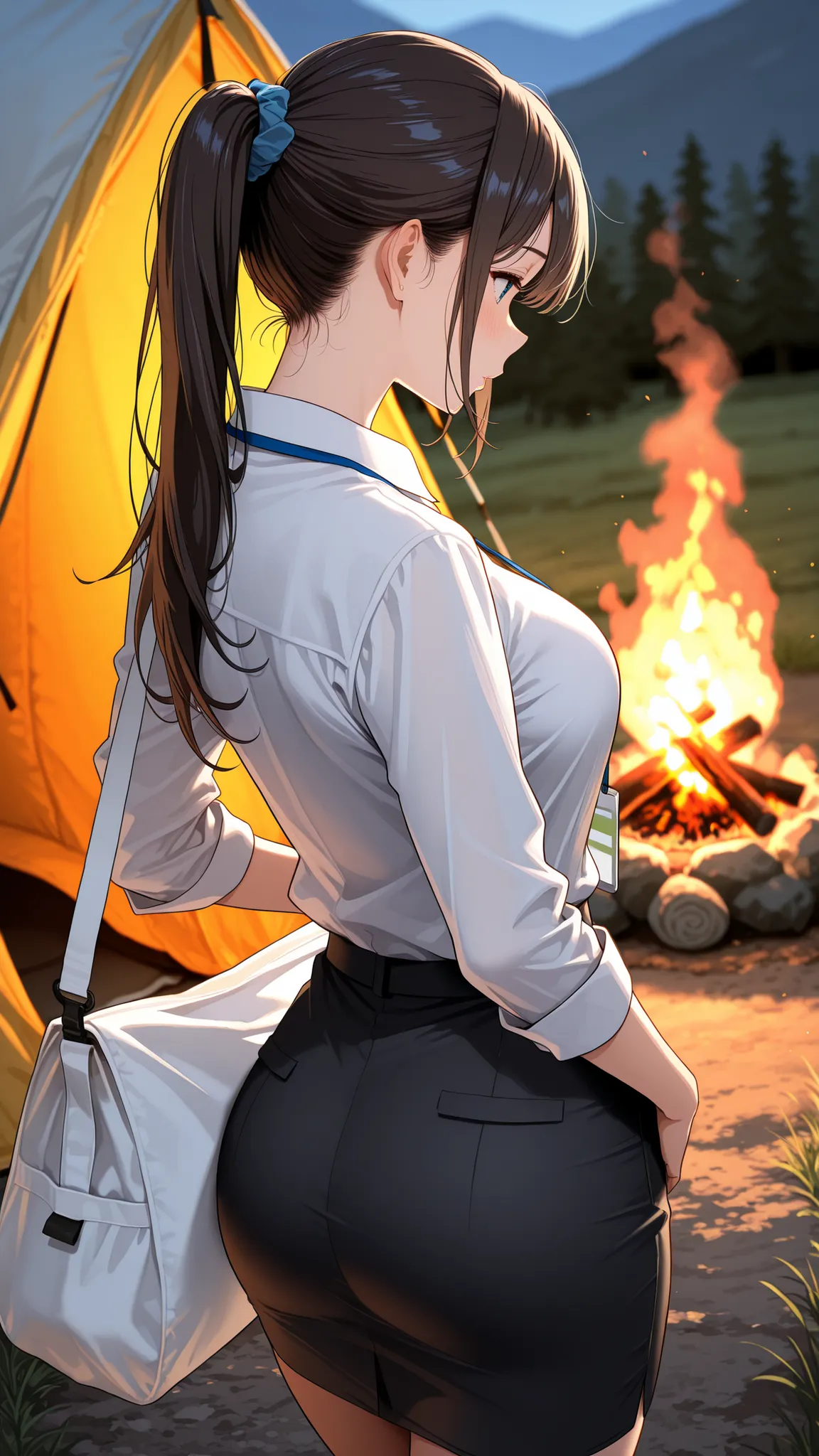 masterpiece, detailed,high resolution,Best Quality,depth of field,Uninhabited island、An office lady with a ponytail preparing for a bonfire in front of a one-person tent、Woman in ponytail taking camping equipment out of large white tote bag