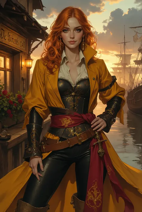 Epic character portrait, masterpiece, 8K resolution, hyper-detailed, sharp focus, cinematic fantasy concept art. A breathtakingly beautiful, statuesque female pirate captain stands in a powerful and charismatic pose, hands on her hips, gazing with authorit...