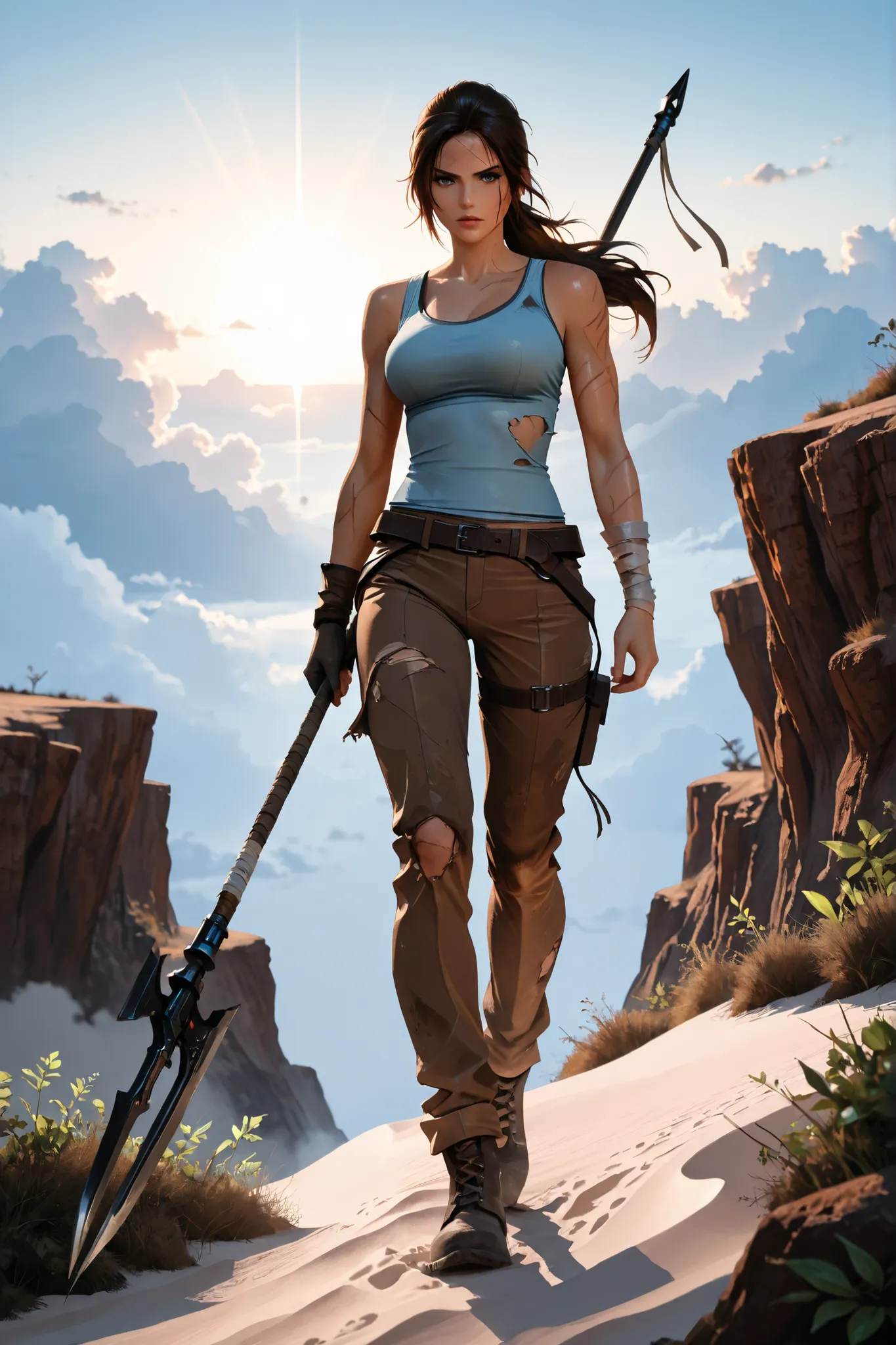 lara croft, light blue tank top, brown pants,masterpiece, best quality, absurdres, very aesthetic, newest, (volumetric lighting), (vibrant color palette), Lara Croft from the latest games as a desert island survivor, torn rugged clothing without revealing ...