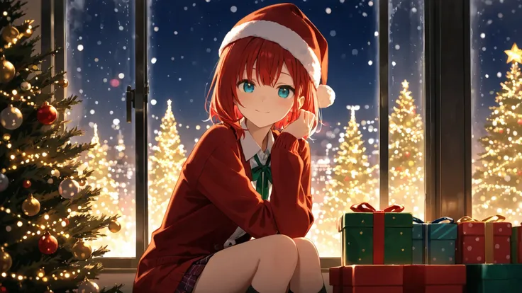 An anime-style girl wearing a Santa hat and cozy red cardigan, sitting by a snowy window at night, looking out quietly with a small smile. A wrapped gift sits beside her, untouched. The glow of a Christmas tree reflects softly on the windowpane. She remain...