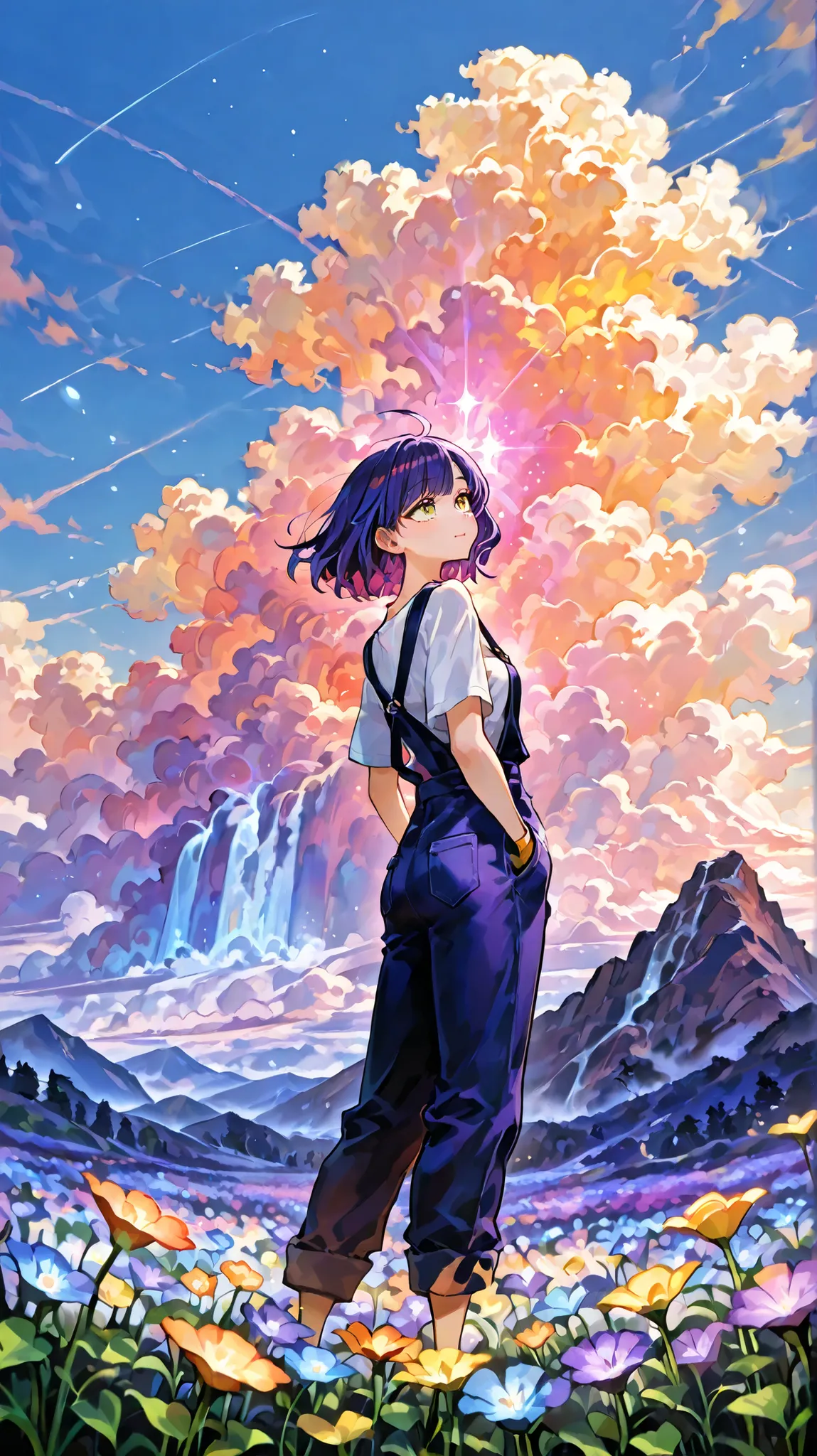 Vivid and dreamy natural scenery: Background Japanese nature: Background, In the centerのリュックを背負った女性、Cat looking back at you, Fluffy Clouds. waterfalls and streams  : In the center, Spectacular waterfall flowing down the mountain. From there, small waterfal...