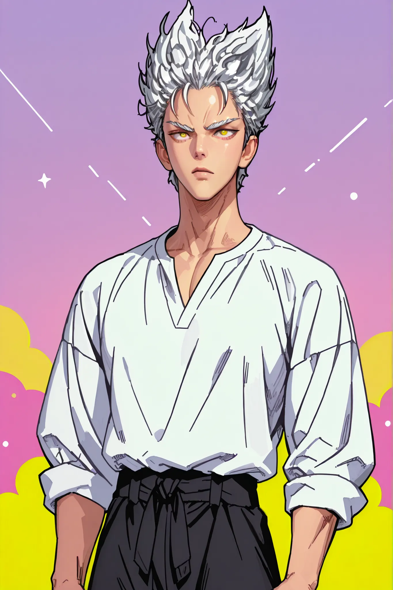 Colorful background with silver hair and yellow eyes based on Yoo Sungjae's illustration, One Punch Man[Garou]. Garou 일러스트, Silver eyebrows, firm body, mature, realistic animation detailed expression, straight, Early 20s , HIGH QUALITY, male, The right pai...