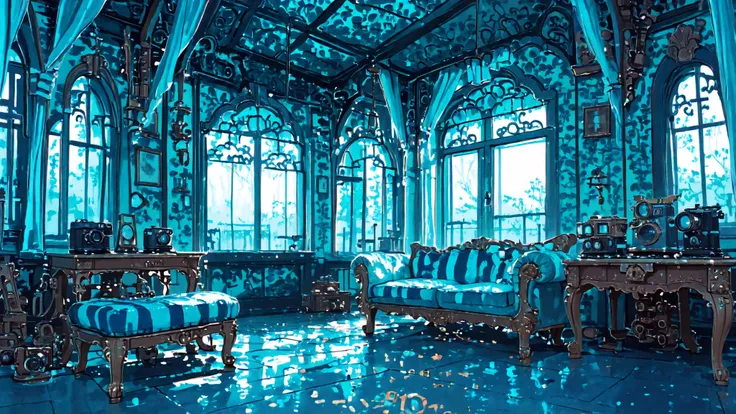 ((scenery,))  fixed perspective, no humans, masterpiece, best quality, cinematic lighting, highly detailed, details, ultra quality, HDR, 8k, ((amazing composition,)) (((score 10,))) (((loaded interior,))) blue white aquatic-themed interior, vanity, bedroom...