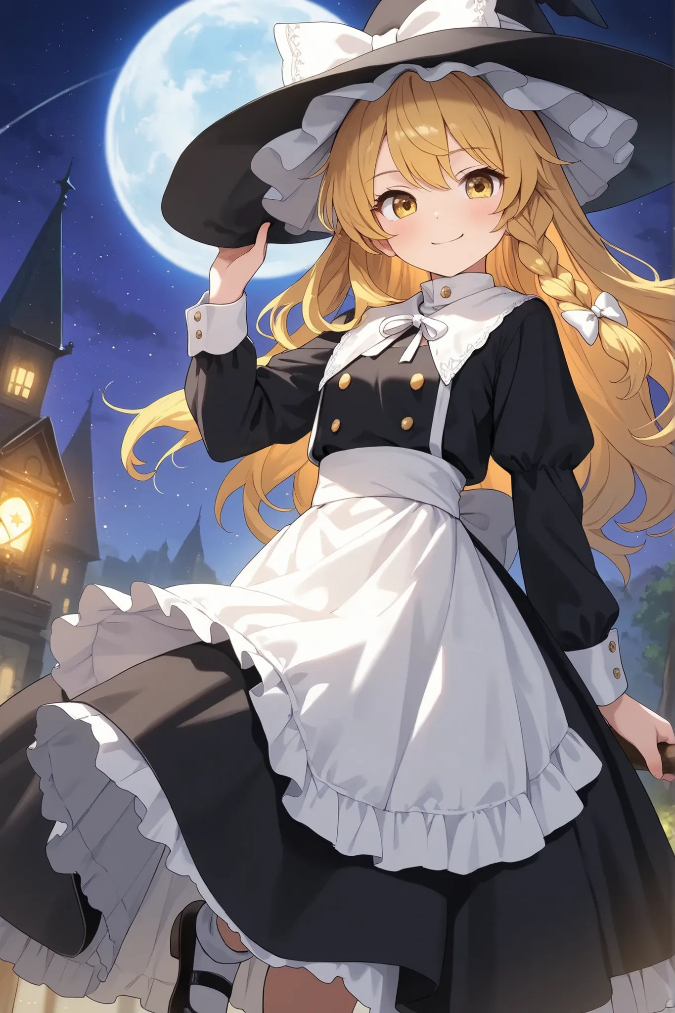 (Quality, 4k, A High Resolution, Masterpiece), Marisa Kirisame, smile, blonde hair, long hair, side braid, golden eyes, black witch dress, white collar, white cuffs, white apron-like front, black pointy witch hat, white ribbon on hat, black Mary Janes