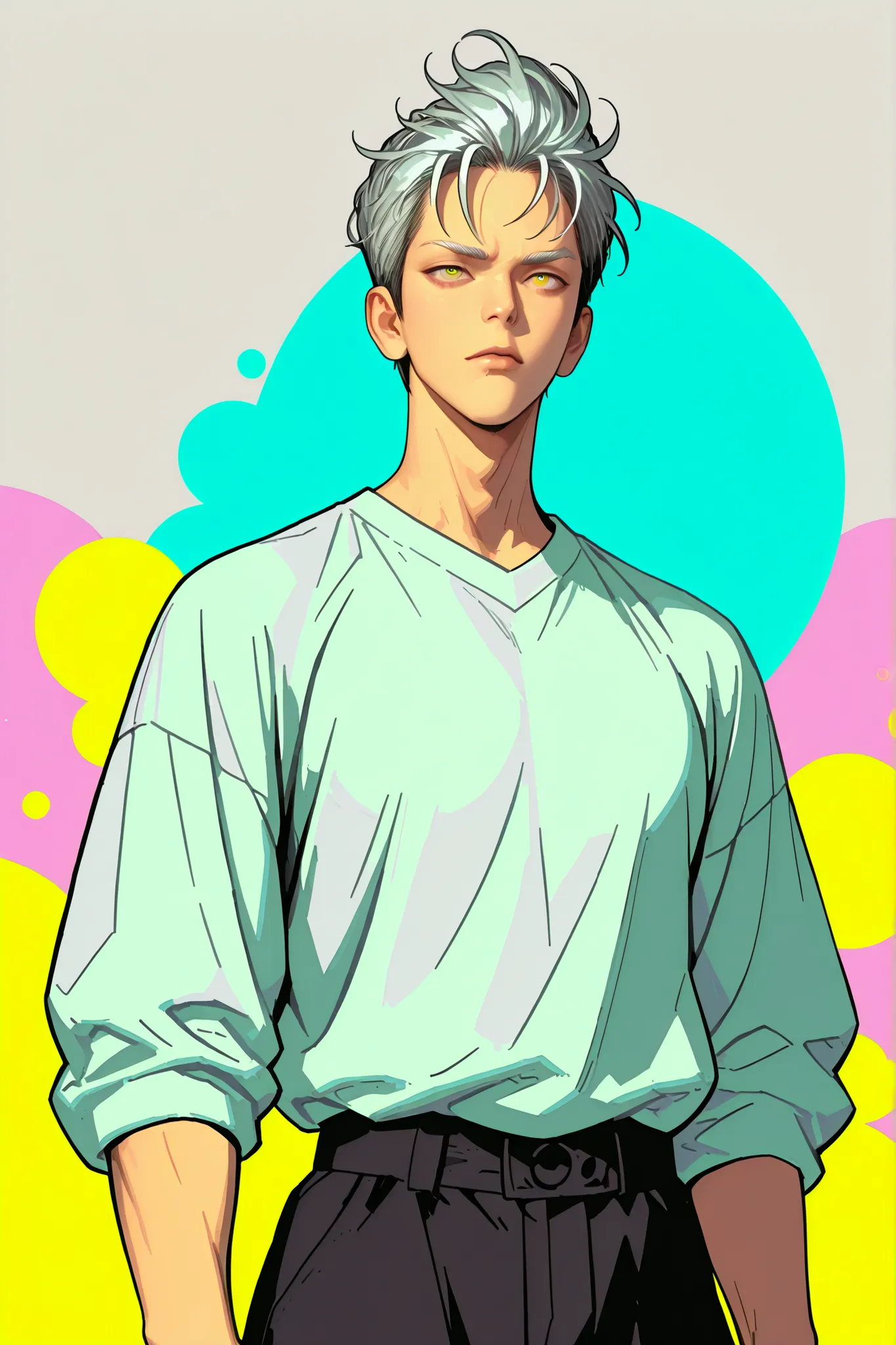 Colorful background with silver hair and yellow eyes based on Yoo Sungjae's illustration, One Punch Man[Garou]. Garou 일러스트, Silver eyebrows, firm body, mature, realistic animation detailed expression, straight, Early 20s , HIGH QUALITY, male, The right pai...
