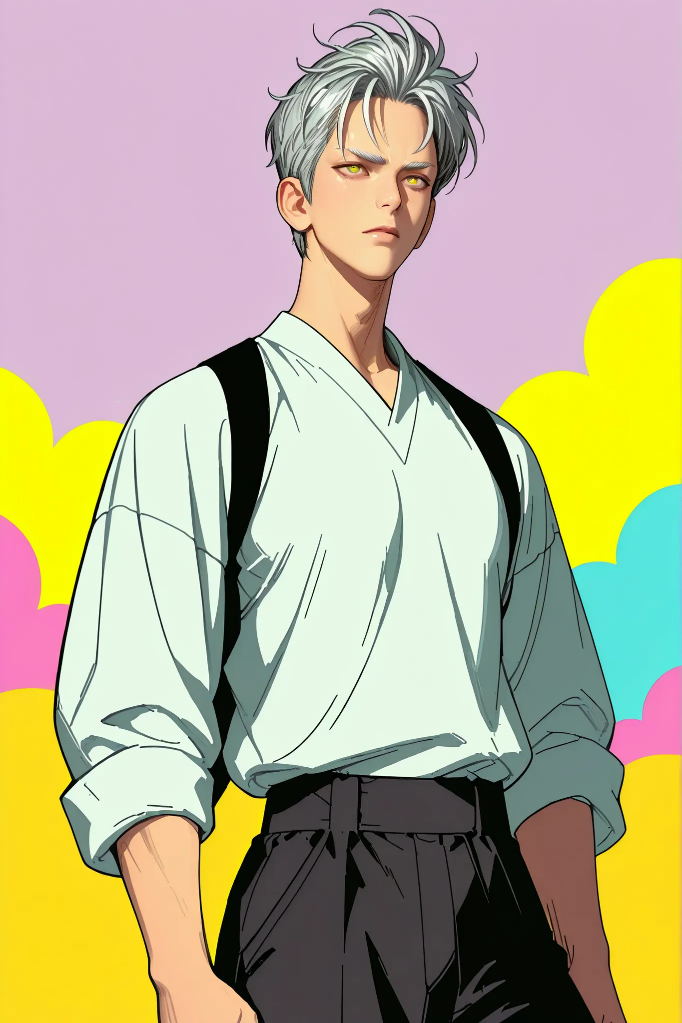 Colorful background with silver hair and yellow eyes based on Yoo Sungjae's illustration, One Punch Man[Garou]. Garou 일러스트, Silver eyebrows, firm body, mature, realistic animation detailed expression, straight, Early 20s , HIGH QUALITY, male, The right pai...