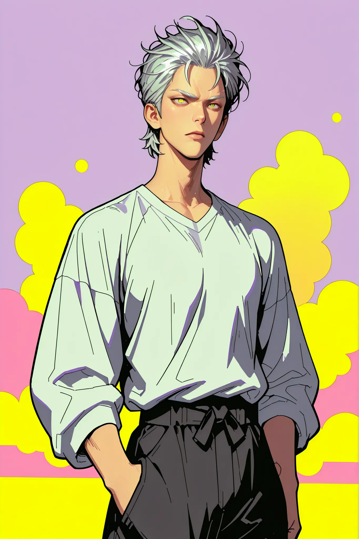 Colorful background with silver hair and yellow eyes based on Ok Taek Yeon's illustration, One Punch Man[Garou]. Garou 일러스트, Silver eyebrows, firm body, mature, realistic animation detailed expression, straight, Early 20s , HIGH QUALITY, male, The right pa...