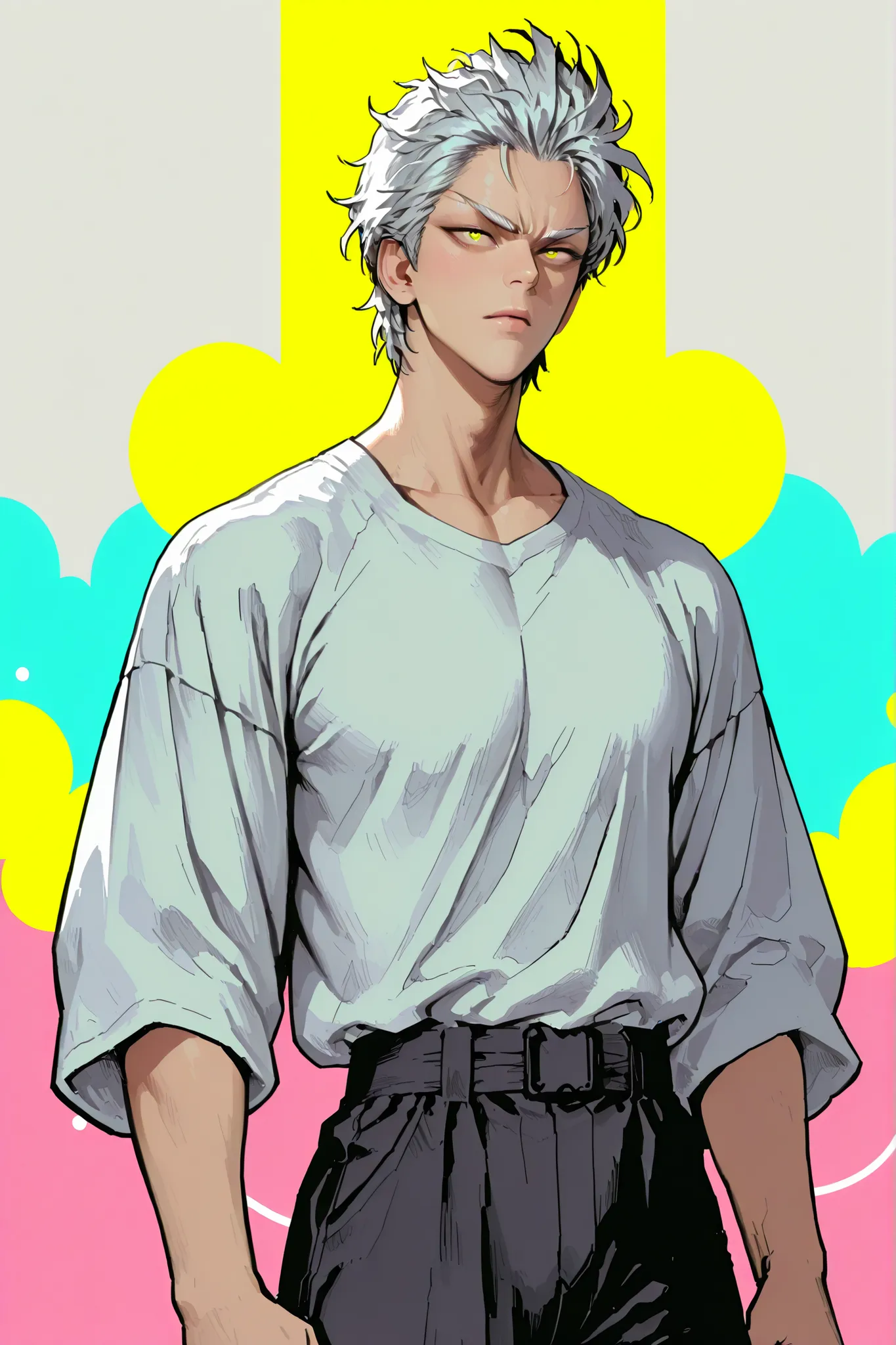 Colorful background with silver hair and yellow eyes based on Ok Taek Yeon's illustration, One Punch Man[Garou]. Garou 일러스트, Silver eyebrows, firm body, mature, realistic animation detailed expression, straight, Early 20s , HIGH QUALITY, male, The right pa...