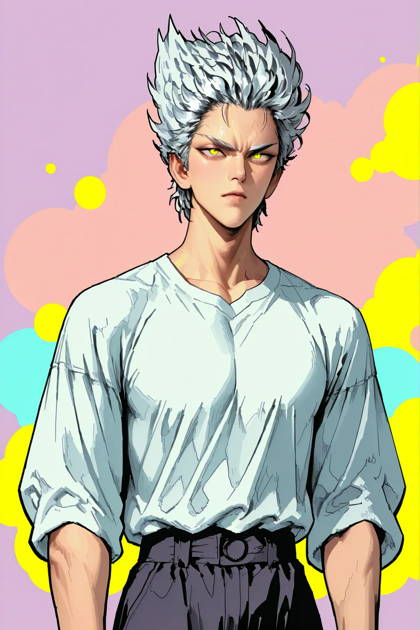 Colorful background with silver hair and yellow eyes based on Ok Taek Yeon's illustration, One Punch Man[Garou]. Garou 일러스트, Silver eyebrows, firm body, mature, realistic animation detailed expression, straight, Early 20s , HIGH QUALITY, male, The right pa...