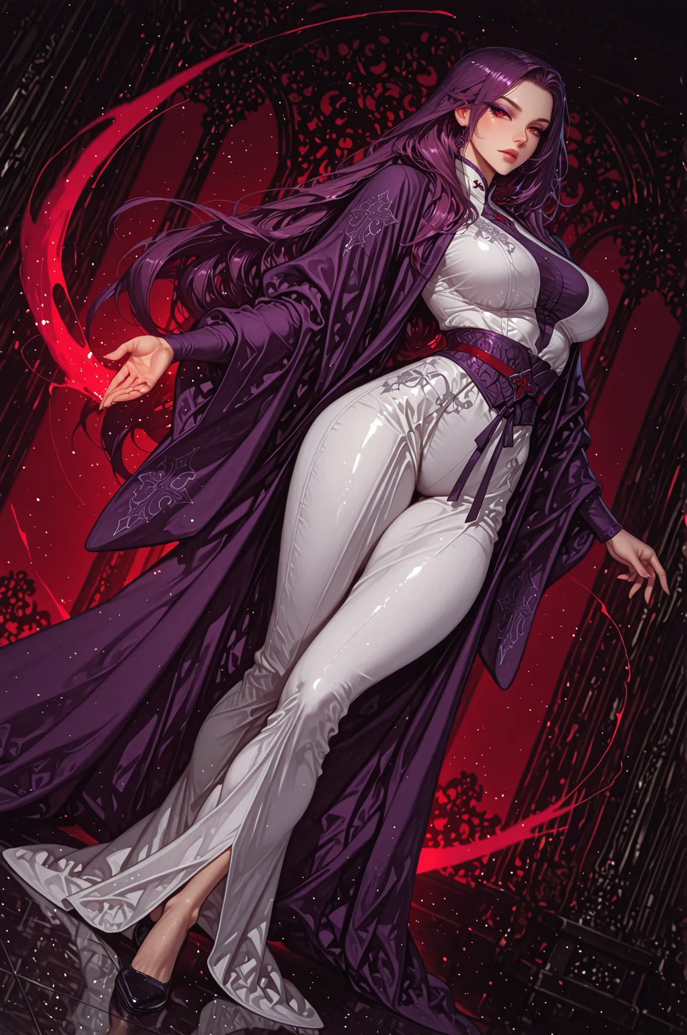 adult female, medium plus plus sized breasts, mature women, mature woman, 1girl, pinklips,calm gaze, crimson-red eyes, purple eyeliner, purple hair(eminence shade), purple robes(white embroidery), medium plus plus sized breasts, toned body, very long hair,...