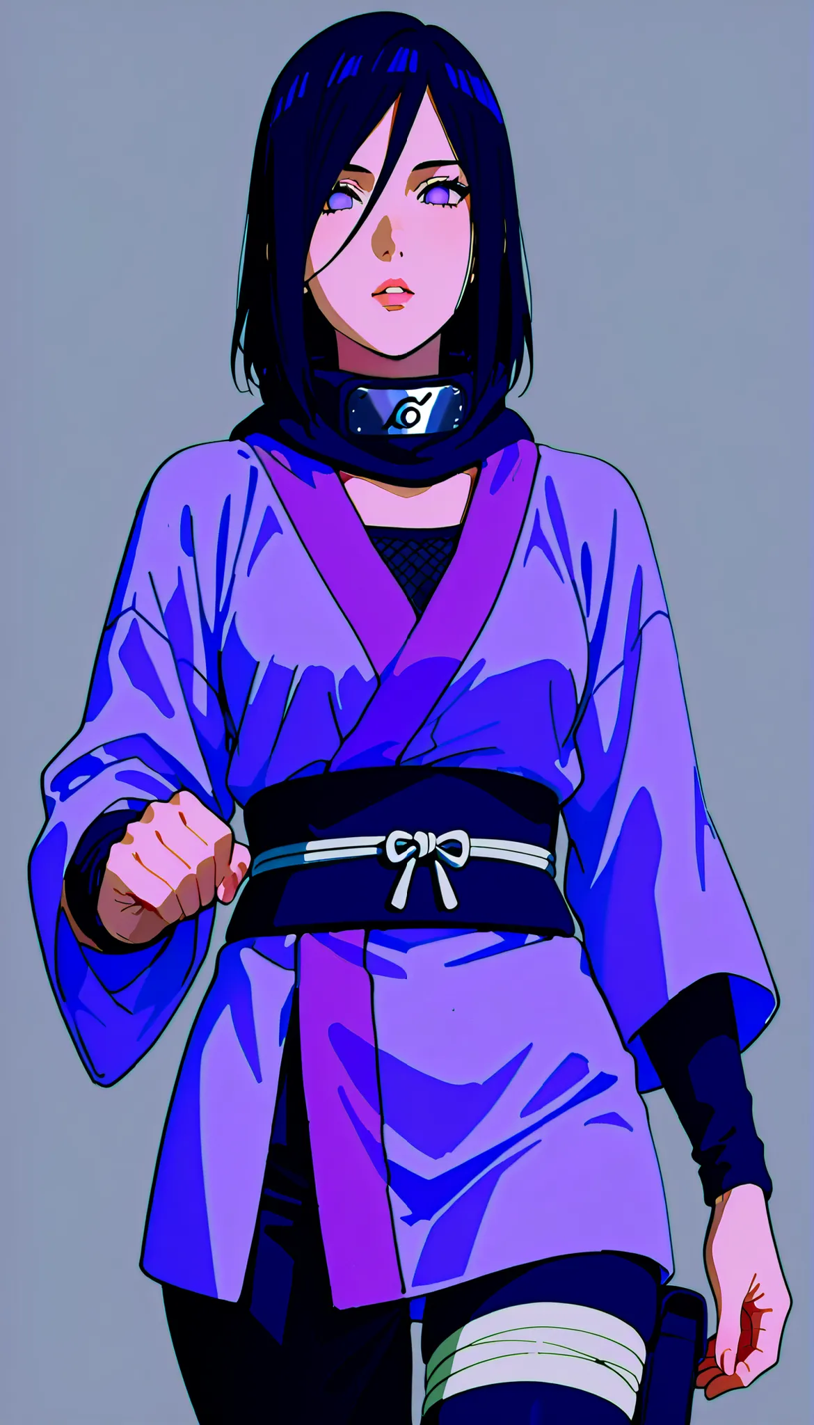 (((IZUMI NASE)))) walking confidently through a war field. The art style should closely match that of Naruto or similar shounen anime, with clean linework and soft shading. ((Solo)), traditional kimono with layered leg accessories (bandages, thigh pouch, d...