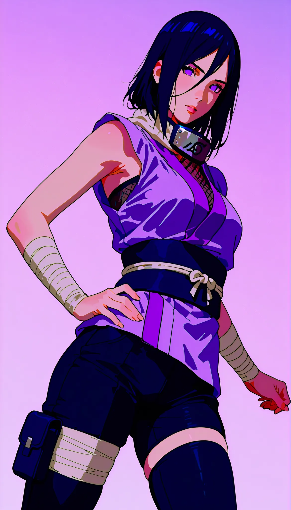 (((IZUMI NASE)))) walking confidently through a war field. The art style should closely match that of Naruto or similar shounen anime, with clean linework and soft shading. ((Solo)), traditional kimono with layered leg accessories (bandages, thigh pouch, d...