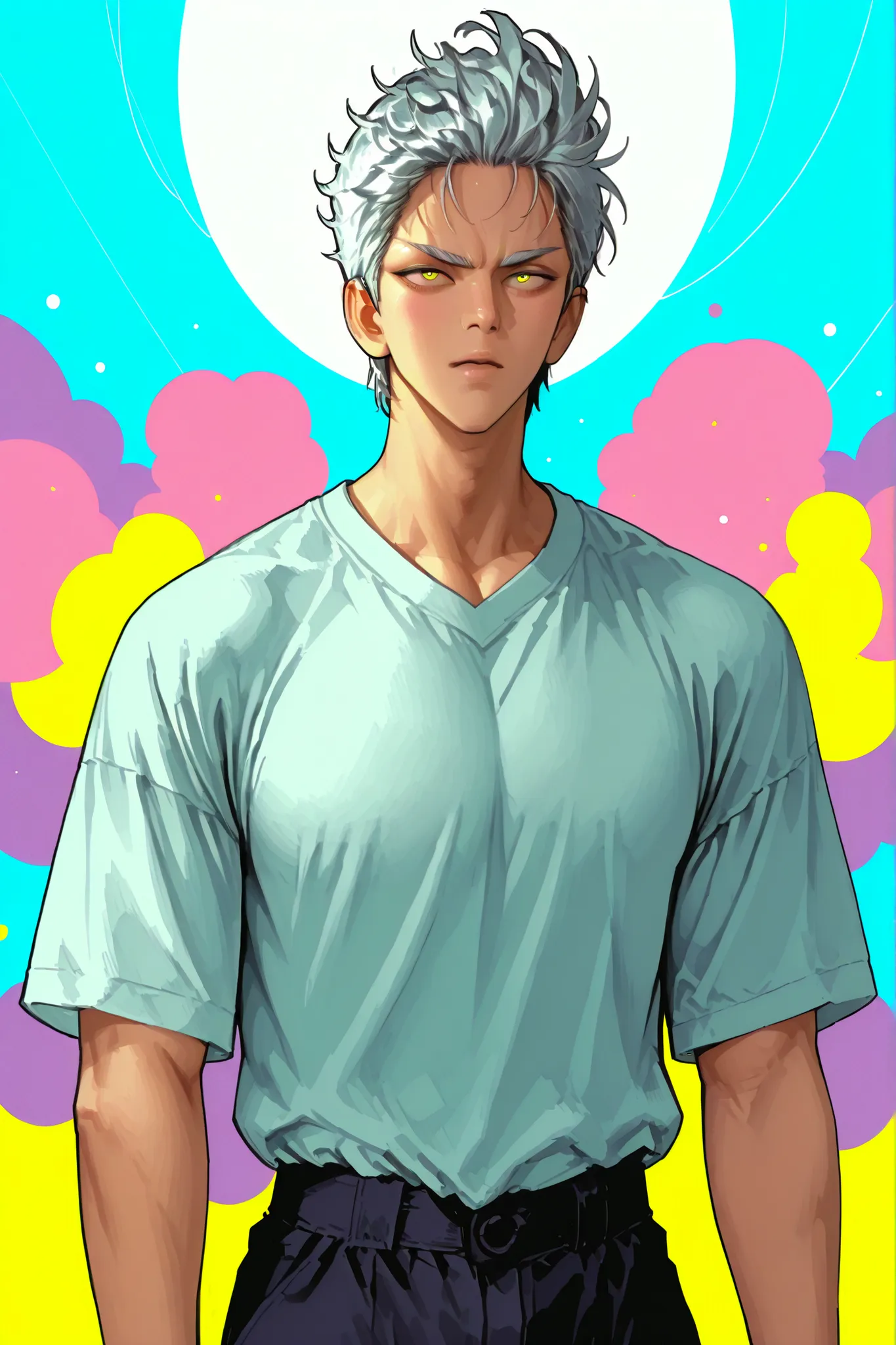 Colorful background with silver hair and yellow eyes based on Yoo Sungjae's illustration, One Punch Man[Garou]. Garou 일러스트, Silver eyebrows, firm body, mature, realistic animation detailed expression, straight, Early 20s , HIGH QUALITY, male, The right pai...