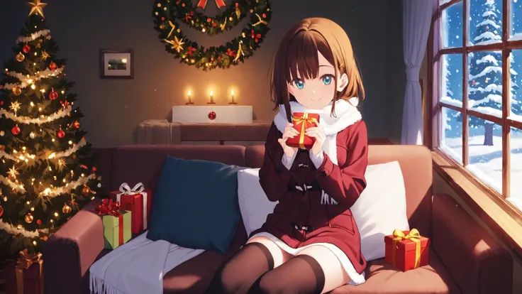 An anime-style girl with a gentle smile, wearing cozy winter clothes and a fluffy scarf, sitting near a frosty window inside a warmly lit Christmas room. She holds a small wrapped present in her hands, gazing at it quietly, not facing the viewer. The backg...