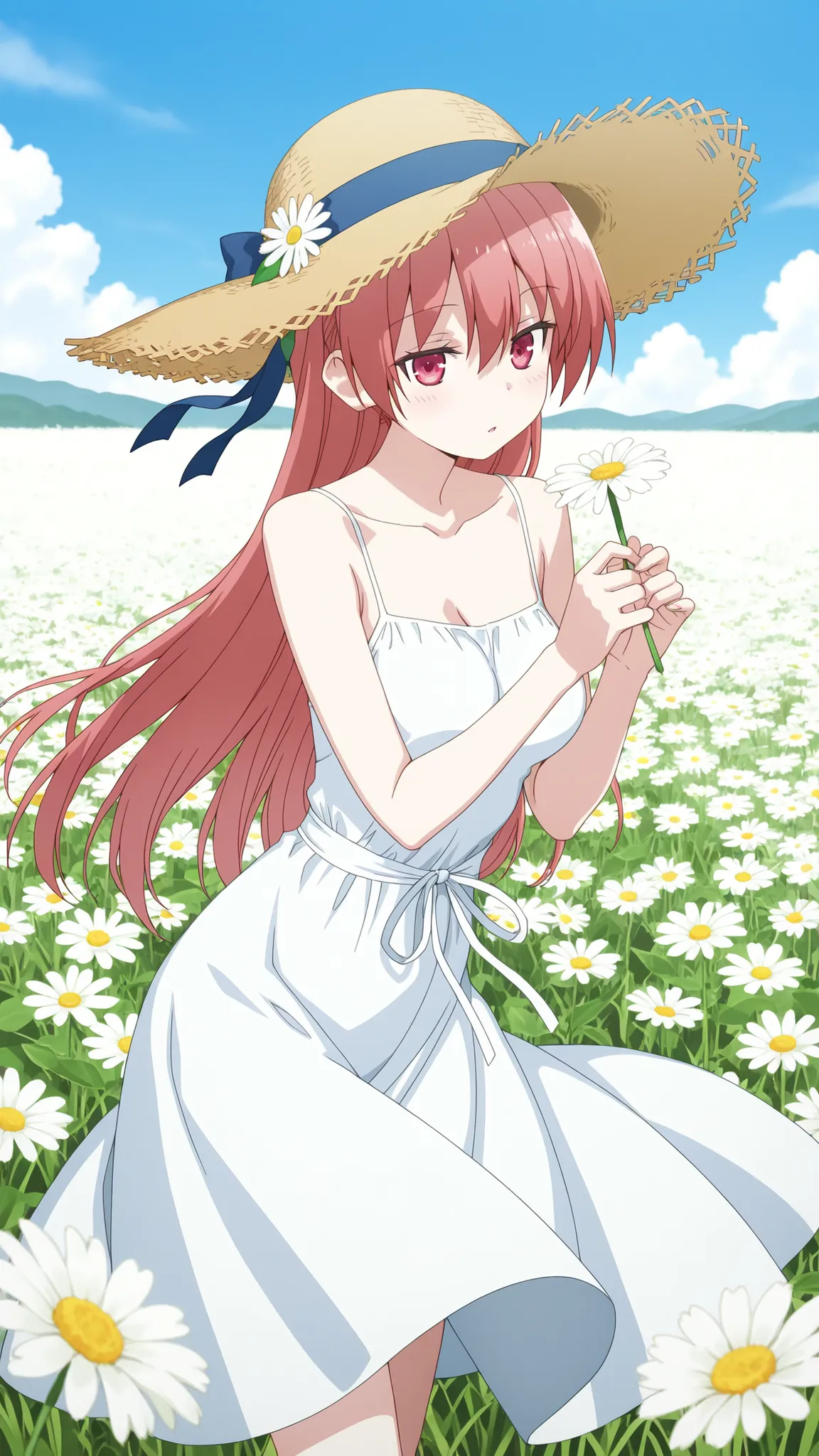 Tsukasa Yuzaki, white sundress with ribbon waist tie, spaghetti straps, wide-brim straw hat with ribbon, holding white daisy flower, Summer Breeze Flower Pose, in a field full of flowers , holding flowers