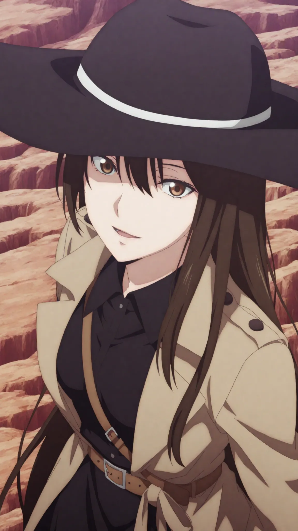 kazuki,ishura
High quality ,  best quality , masterpiece,  High Resolution ,,anatomically correct,,anime Coloring
solo, 1 girl, Beautiful women, adult women, cool women,
, very long hair, brown hair, brown eyes,, black Wide brim hat , hair between eyes ,sm...