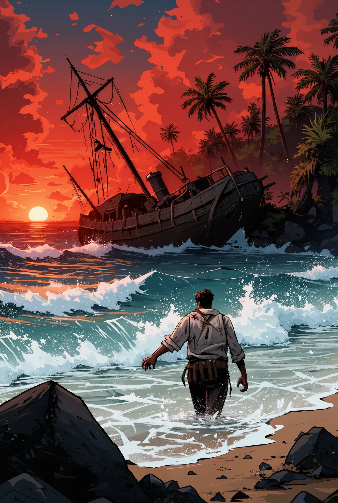 A shipwreck in the South Pacific, 1916:  A small schooner is wrecked, broken on a reef and sinking, its masts broken to stumps as the wreck leans perilously far over to one side. One man comes ashore on a tropical island: a young man, more dead than alive,...
