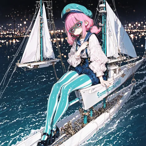 Very wide shot, atmospheric forced perspective, head down, straight on, head tilt, legs dangling off edge of sailboat, ankles crossed, arm folded over chest, (((sitting on edge of sailboat, on sailboat, sitting on sailboat,))) distracted expression, lookin...