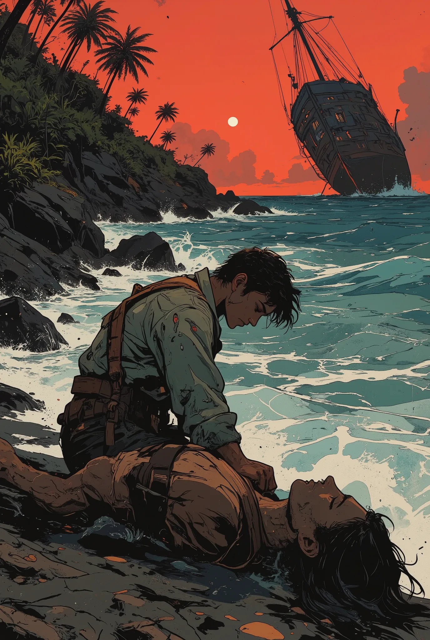 A shipwreck in the South Pacific, 1916:  A small schooner is wrecked, foundered on a reef and sinking, its masts shattered as is leans perilously far over to one side. One man comes ashore on a tropical island: a young man, more dead than alive, clad only ...