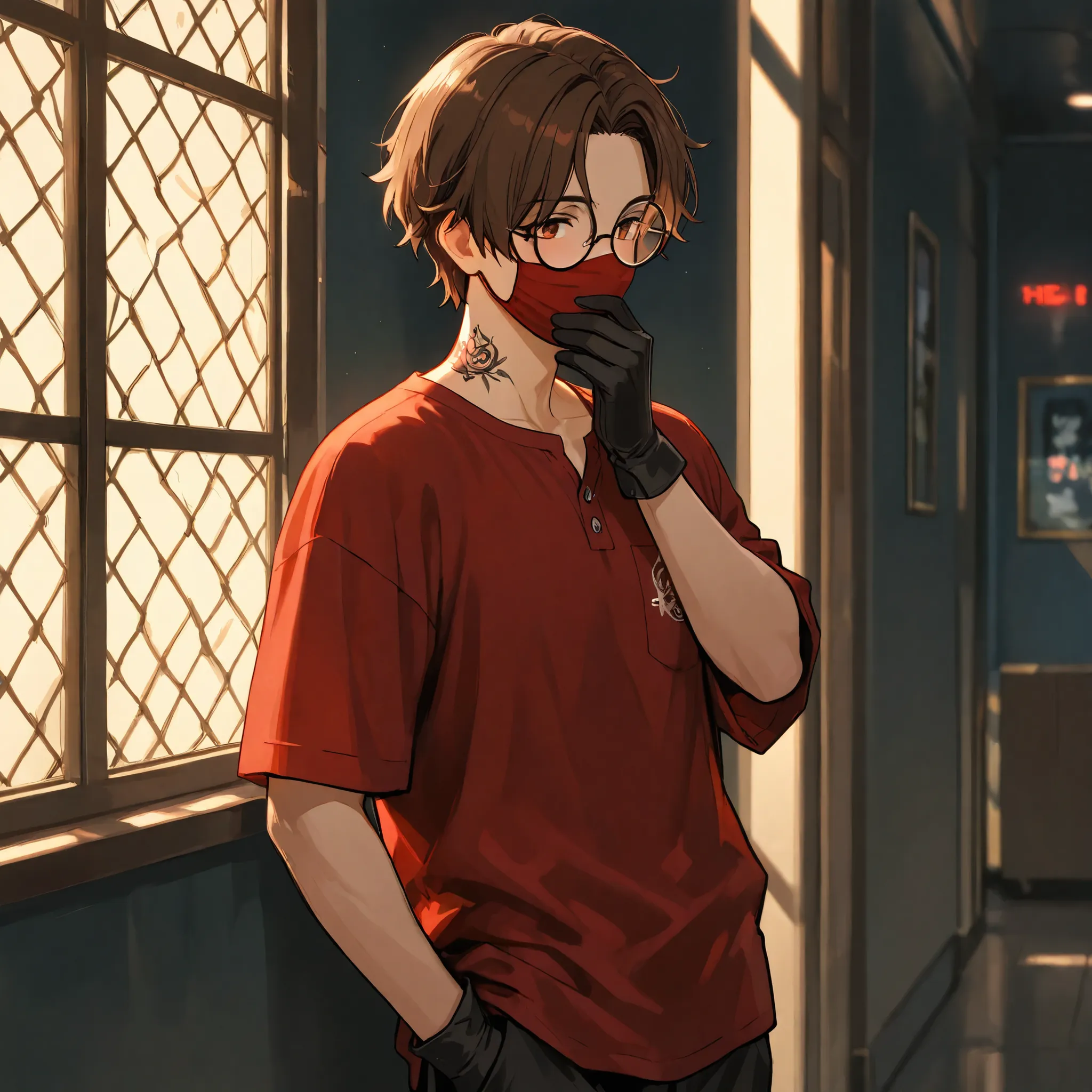 A boy standing looking at the spectator, with wavy brown hair, with a fox tattoo on his neck, he wears round glasses with black frames, one of his hands is in his pocket, he uses a red mask covering his mouth and black gloves on his hands, he is dressed in...