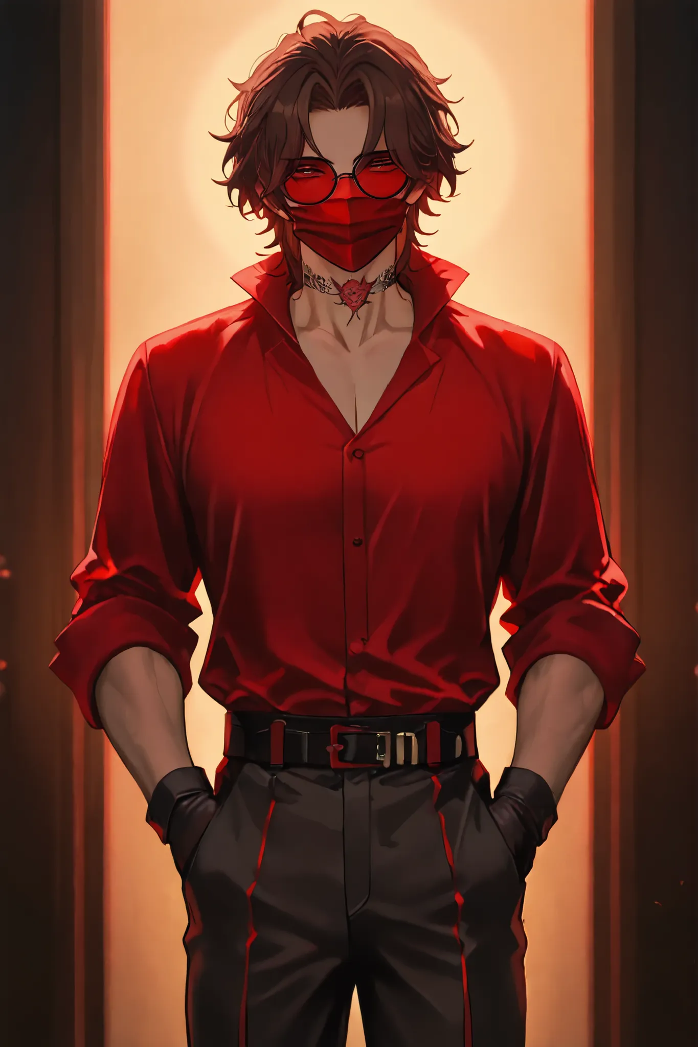A boy standing, with wavy brown hair, with a fox tattoo on his neck, he wears round glasses with black frames, one of his hands is in his pocket, he uses a red mask covering his mouth and black gloves on his hands, he is dressed in a red shirt and black pa...