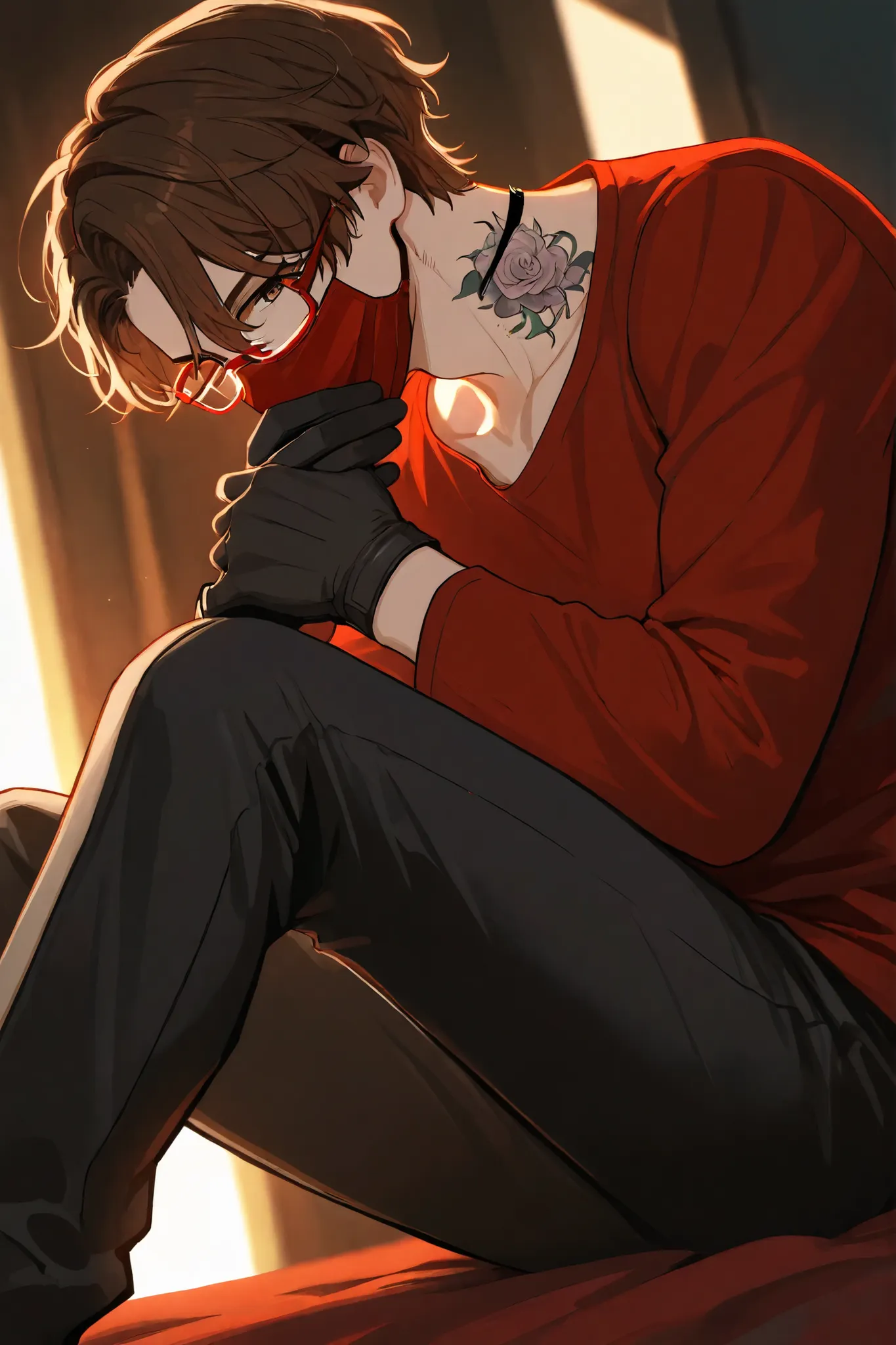 A boy with wavy brown hair, with a fox tattoo on his neck, he wears glasses, a red mask covering his mouth and black gloves on his hands, he is dressed in a red shirt and black pants, soft backlighting with red accents.
