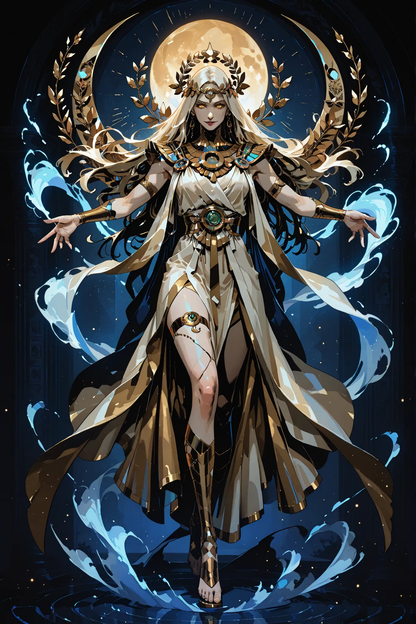 Greeks myth, no backgroind, full body, long legs, divine aura, light particles, ethereal glow, curved crescent weapon, warm sunset tones, golden red and blue colors, magical weapon, sacred relic style, concept art, stylized rendering, high contrast, superg...
