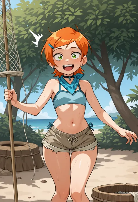 Gwen Tennyson . ginger . short hair . green eyes . flat breasts, flat chest, huge hips . slim body . choker . | a comedic scene of a survival girl on a deserted island trying to shoot a handmade bow, but the arrow flies backward unexpectedly, surprised exp...