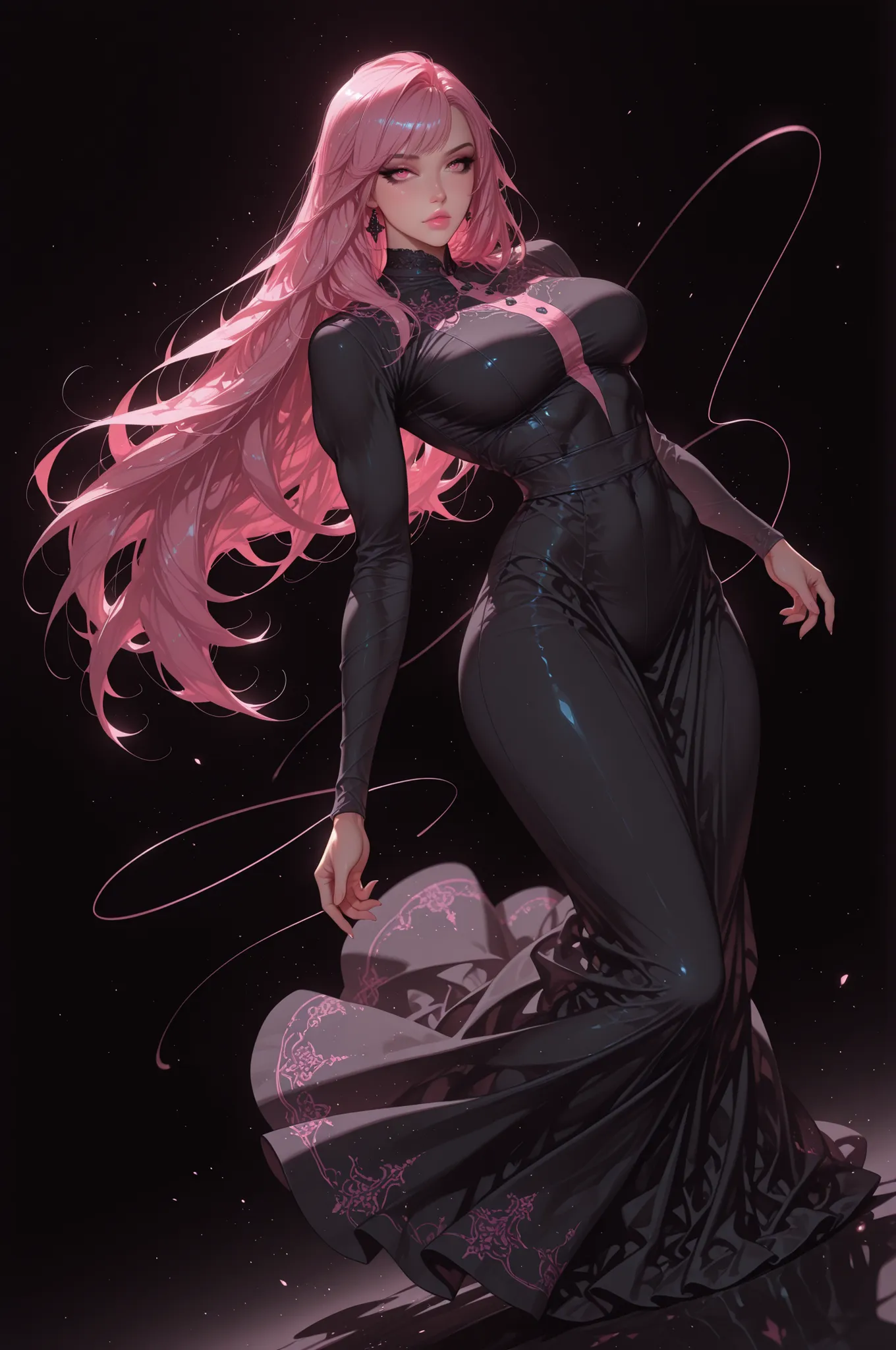adult female, medium plus sized breasts, mature women, mature woman, 1girl, pink lips,calm gaze, pink eyes, black eyeliner,pink hair,  black dress(pink sewing), medium plus sized breasts, toned body, slender figure, very long hair, straight hair, looking a...