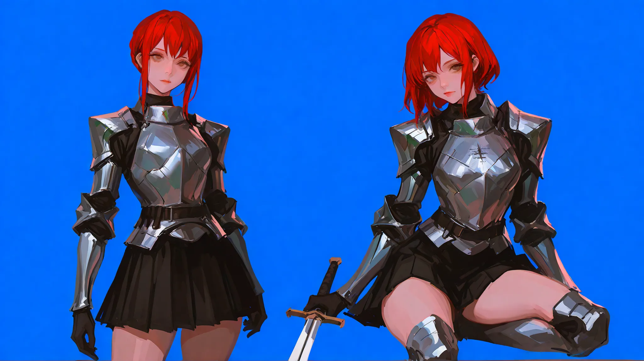 lm7 \(op-center\), 96yottea, realistic, sketch, latest, very fancy, masterpiece, high resolution, absurd, 2024, 2023,
Cinematic, red hair, silver armor, sword, black pleated skirt, thighs, bob hairstyle, bob hair, woman,
Close-up, shhhh, (contrapposto: 1.1...