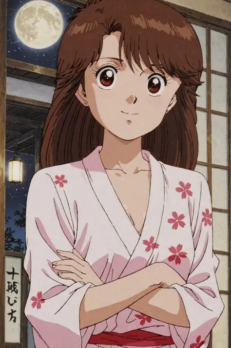 Kurita Yuko,masterpiece, top quality, great quality, high resolution, Unlimited, very beautiful, Super Detail, perfect details, rich aeiful with no physical discomfort, very detailed, perfect details, (anime screen capture:1.2),(anime coloring:1.2),Megami Magazine,side lighting, shiny skin,medium breasts, Brown Hair, (semi-long hair),focus breast, (lie flat:1.3),japanese style room,late night, Mischievous Smile,shiny body ,flower pattern Light blue yukata,Shoji screen, moon background,standing,(crossed arms:1.2),