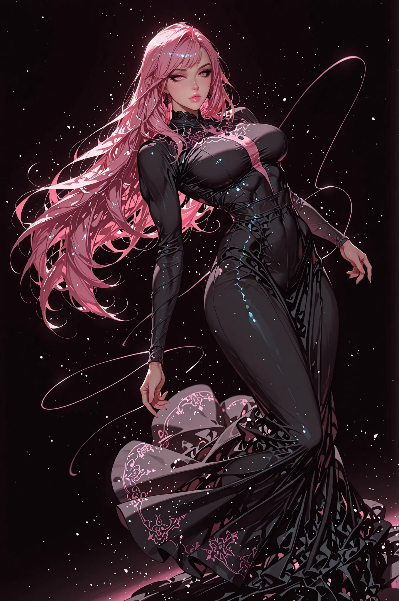 adult female, medium plus sized breasts, mature women, mature woman, 1girl, pink lips,calm gaze, pink eyes, black eyeliner,pink hair,  black dress(pink sewing), medium plus sized breasts, toned body, slender figure, very long hair, straight hair, looking a...