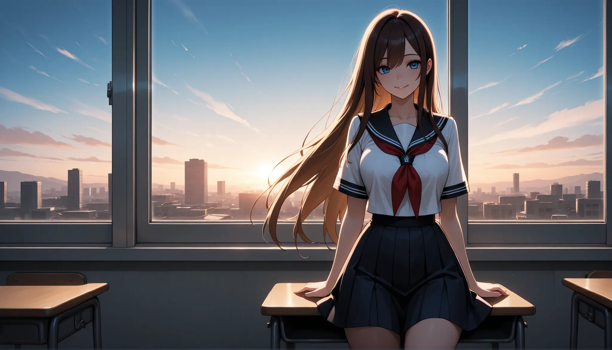 top quality, 8K, 4K, high resolution, high contrast,1girl, Japanese Women、School Classroom、The morning sun shines, school uniform, short skirt, Smiling adult woman , , beautiful dark brown long straight hair,(beautiful detailed face), blue eyes with highli...