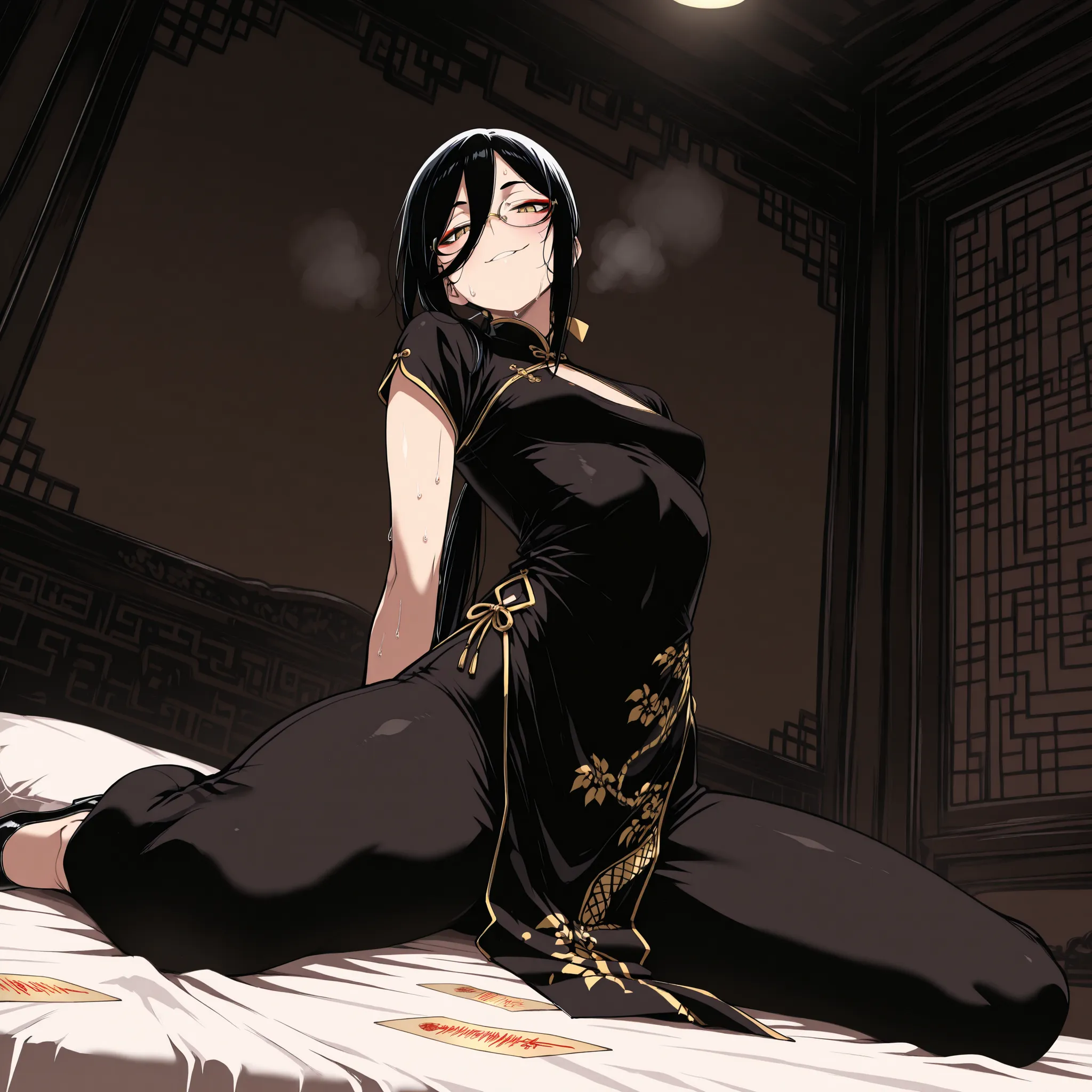 masterpiece, best quality, amazing quality, very aesthetic, foreshortening, 1 girl, taoist, black and gold cheongsam, black hair, long bangs, low ponytail, extremely long ponytail, black and gold pumps, wariza, arched back, small breast, narrowed eyes, yel...