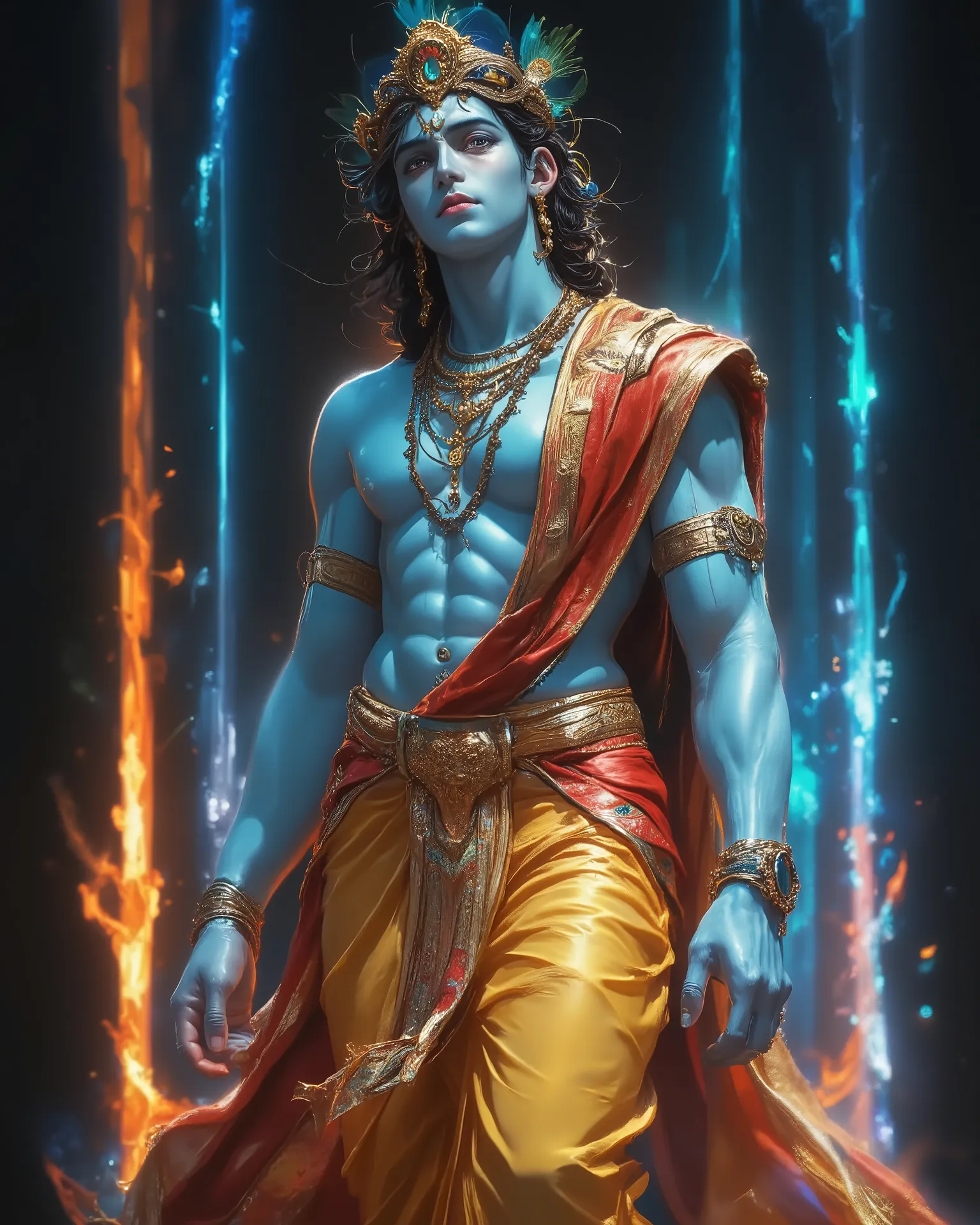 A hyper-realistic 3D rendering of Divine figure in the sky emerged from the horizon-  Lord Krishna standing tall, looking slightly upward with divine confidence, like a superhero. Spreading his arms a little away from his body. His skin is glowing blue, wi...