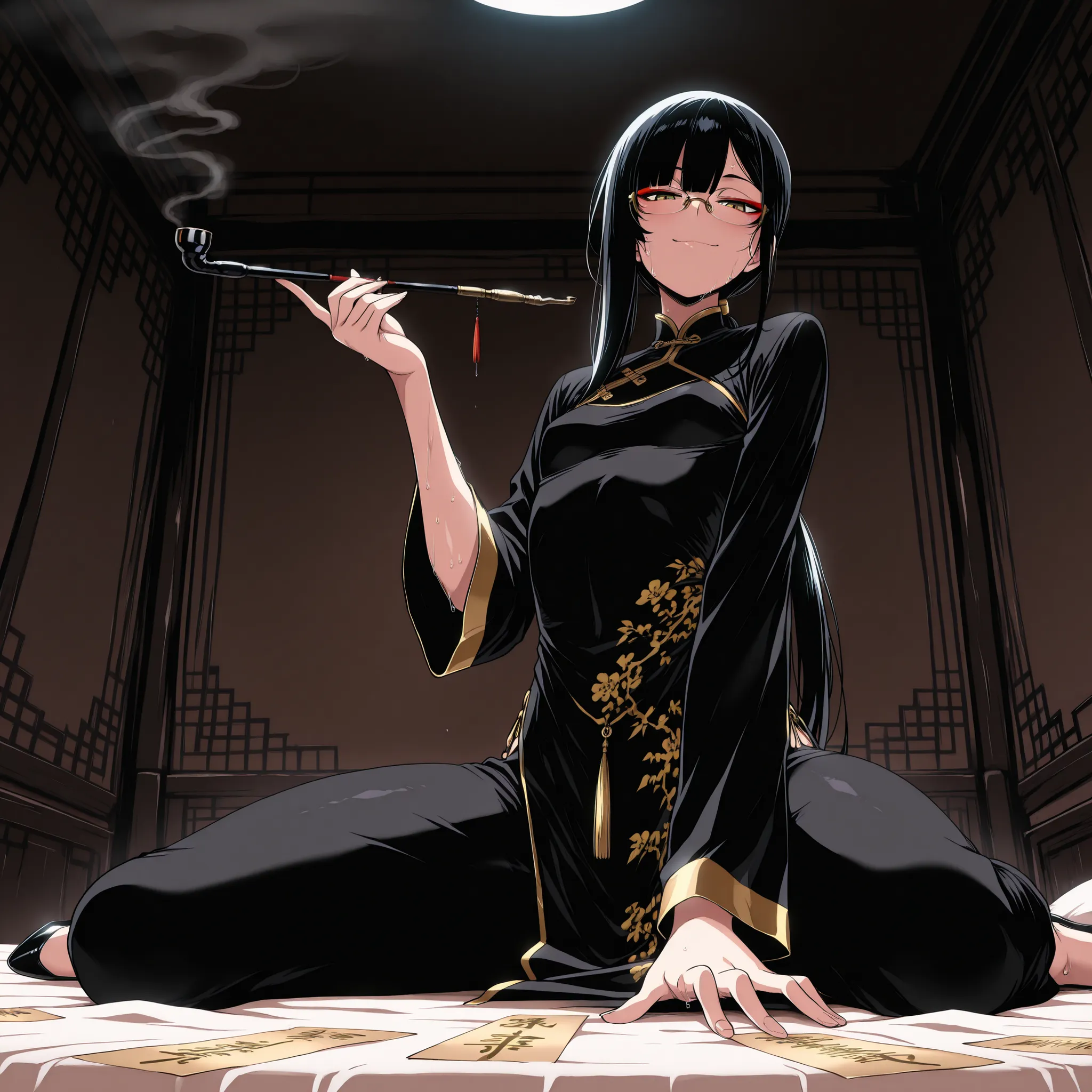 masterpiece, best quality, amazing quality, very aesthetic, foreshortening, 1 girl, taoist, black and gold cheongsam, very long sleeves, black hair, long bangs, low ponytail, extremely long ponytail, single sidelock, black and gold pumps, wariza, arched ba...
