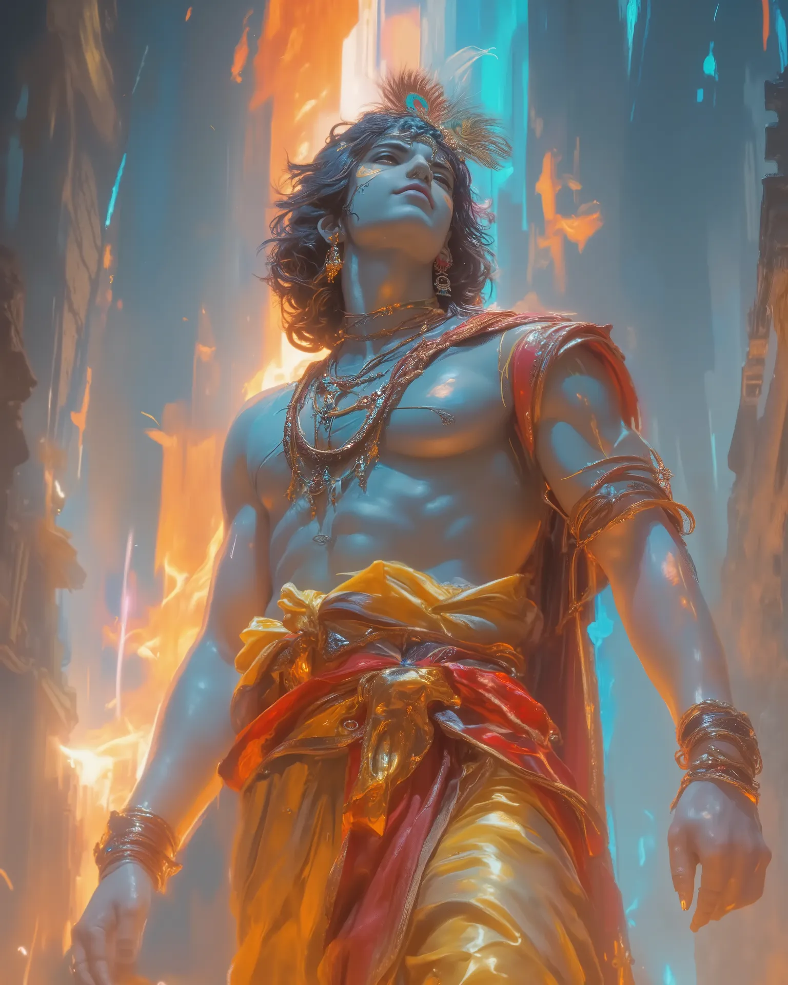 A hyper-realistic 3D rendering of Divine figure in the sky emerged from the horizon-  Lord Krishna standing tall, looking slightly upward with divine confidence, like a superhero. Spreading his arms a little away from his body. His skin is glowing blue, wi...